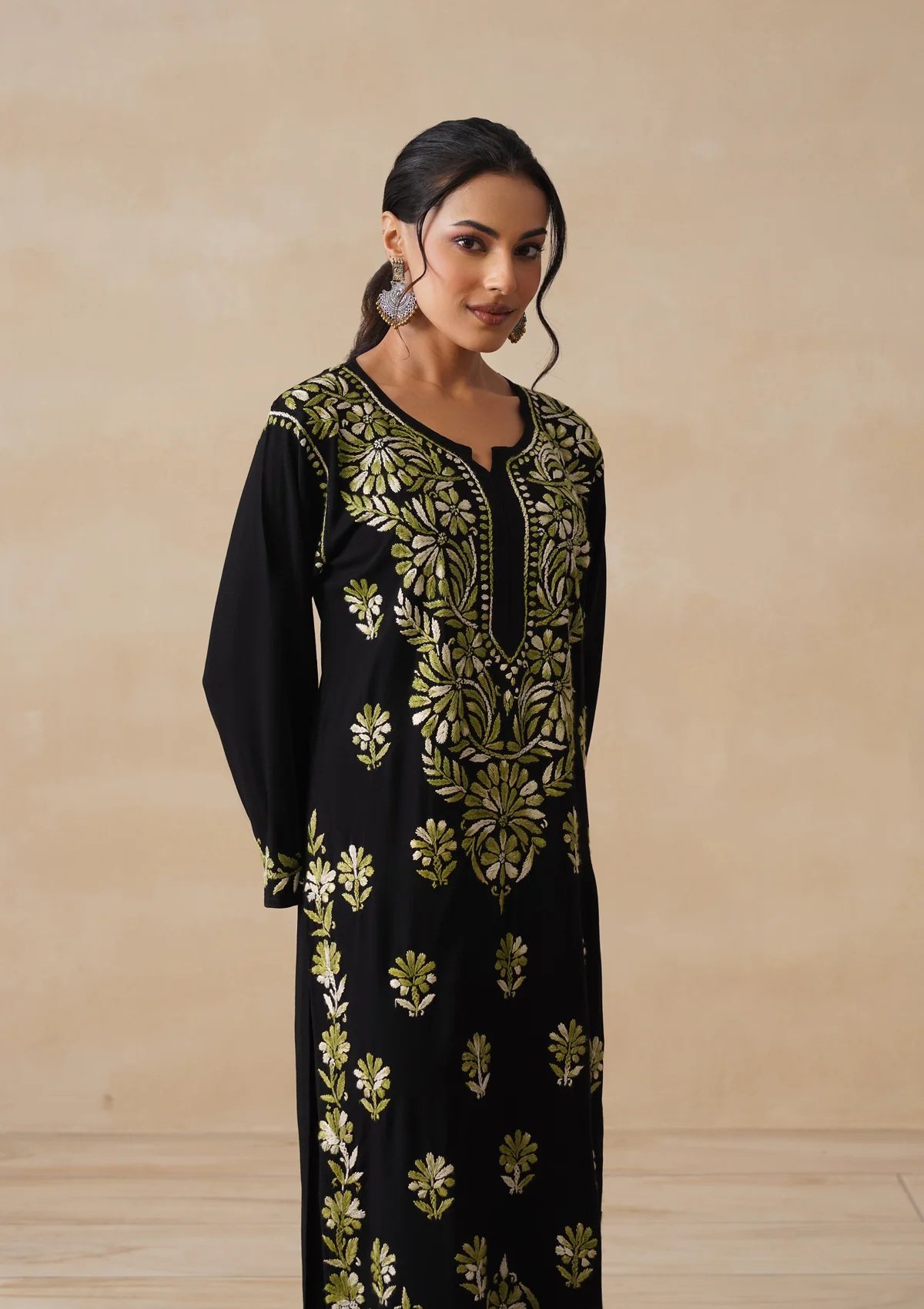 HOC Rayon Chikankari Solid Women's 2 PC Long Kurta Set - Black - Image 4