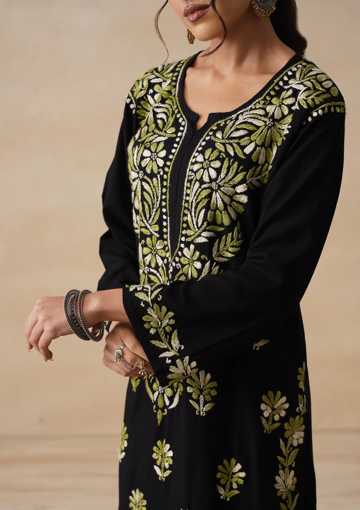 HOC Rayon Chikankari Solid Women's 2 PC Long Kurta Set - Black - Image 5