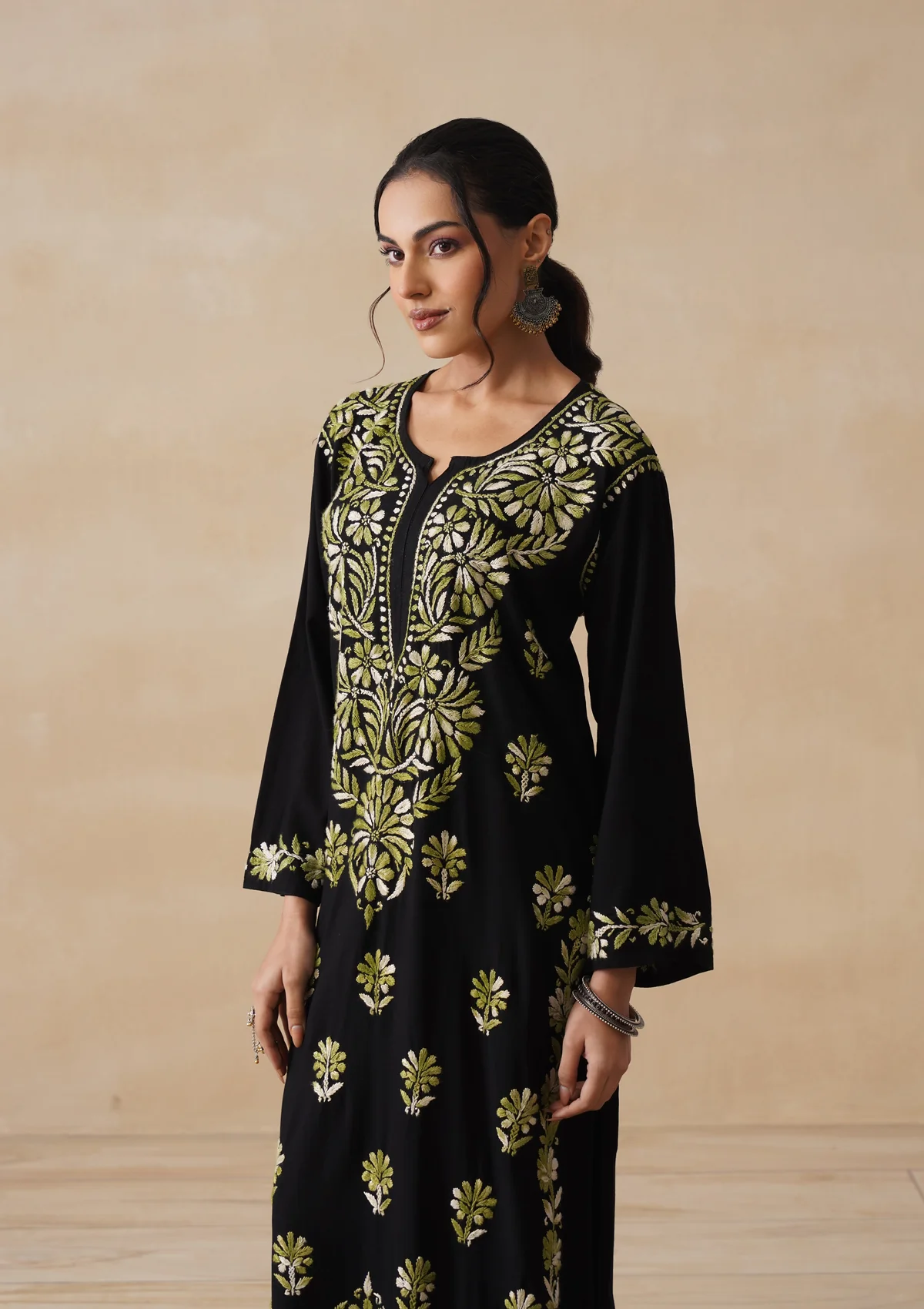 HOC Rayon Chikankari Solid Women's 2 PC Long Kurta Set - Black - Image 7