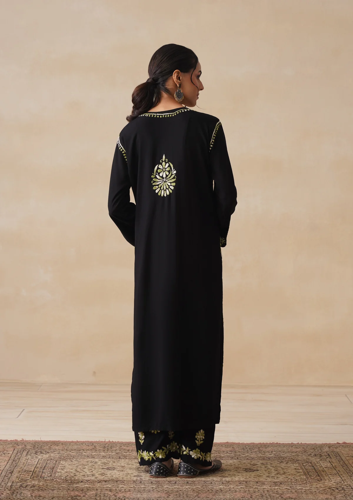 HOC Rayon Chikankari Solid Women's 2 PC Long Kurta Set - Black - Image 9