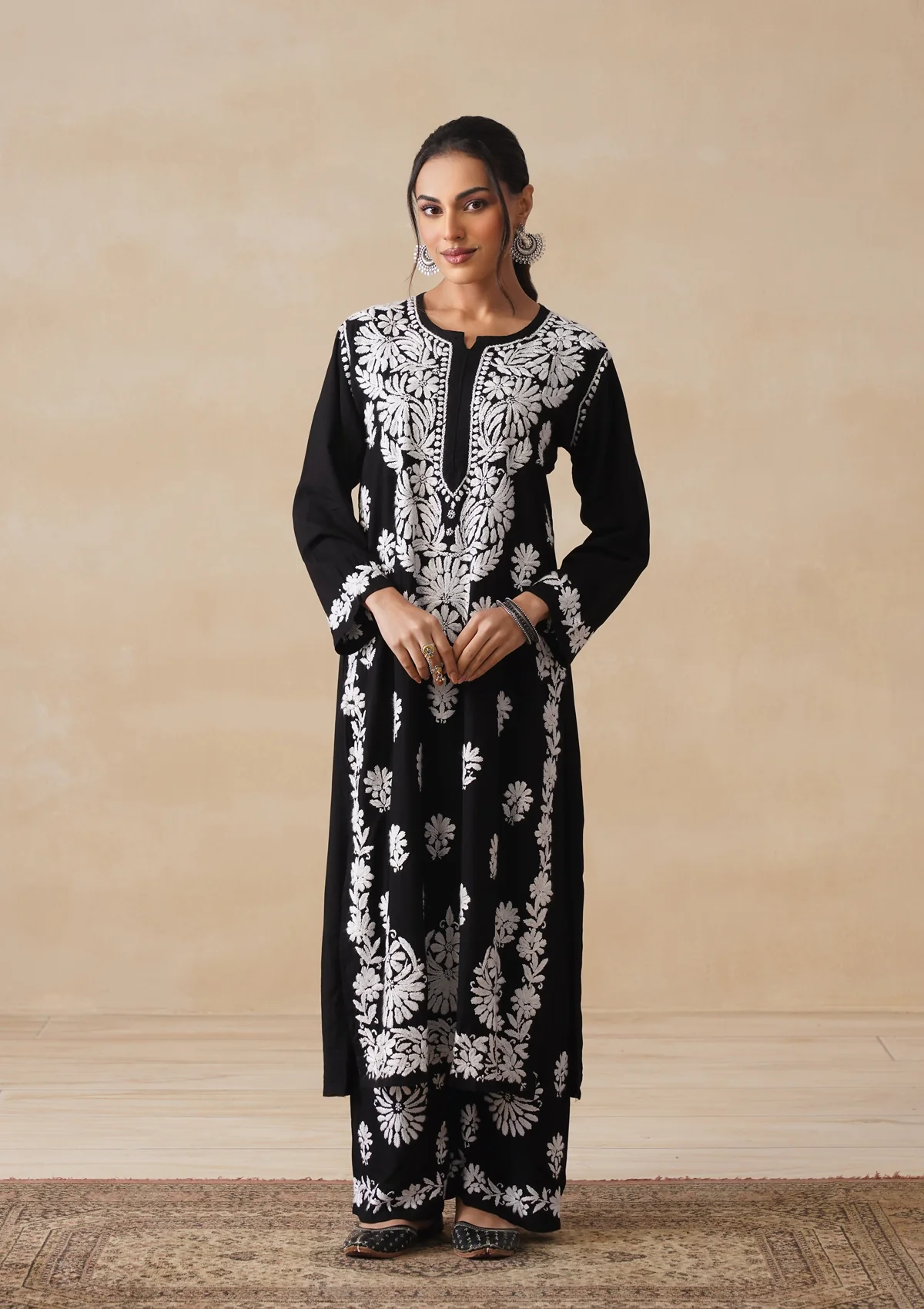 HOC Rayon Chikankari Solid Women's 2 PC Long Kurta Set - Black