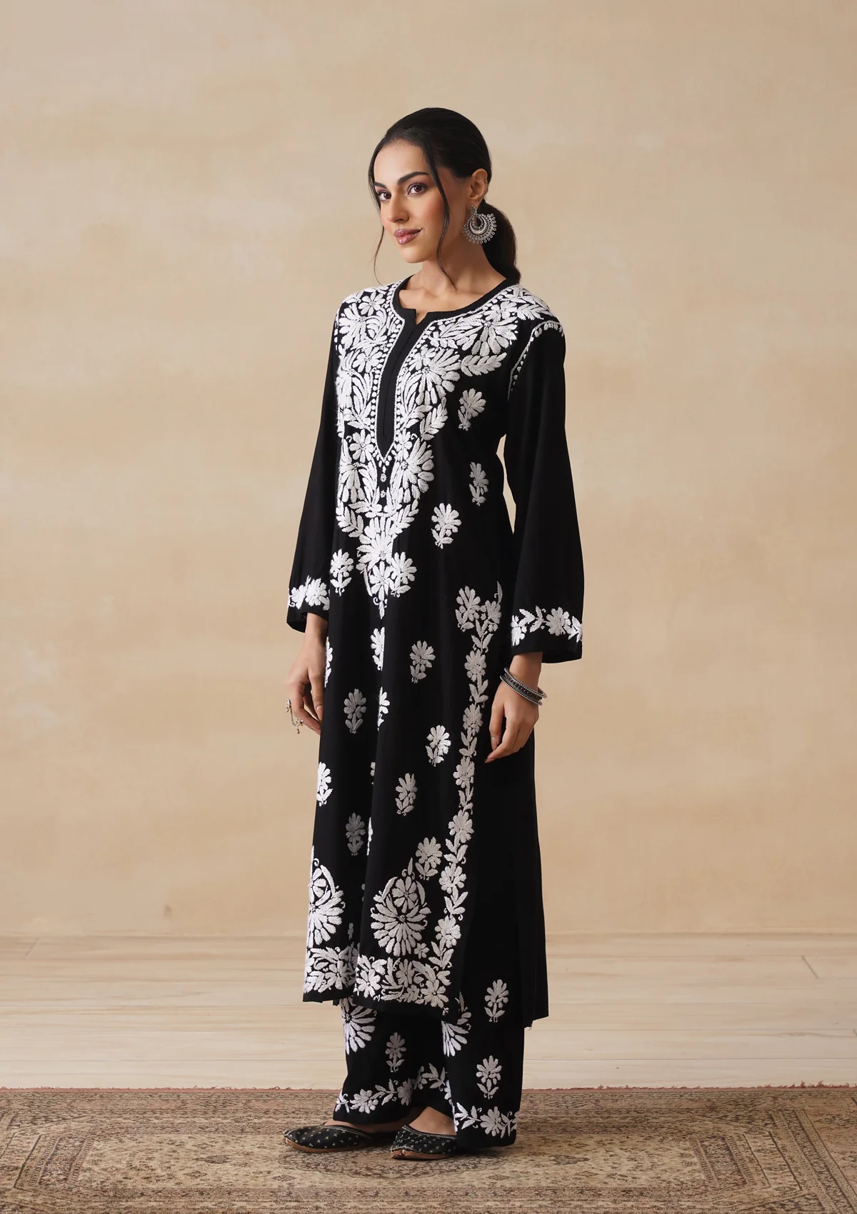 HOC Rayon Chikankari Solid Women's 2 PC Long Kurta Set - Black - Image 11