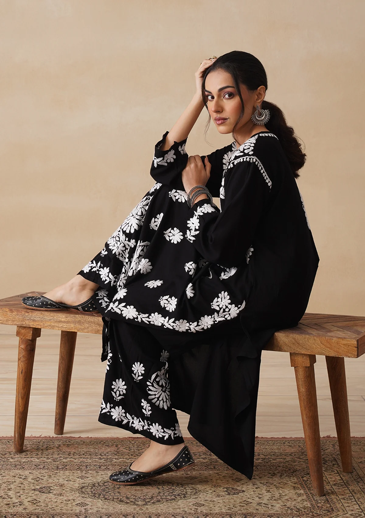 HOC Rayon Chikankari Solid Women's 2 PC Long Kurta Set - Black - Image 3