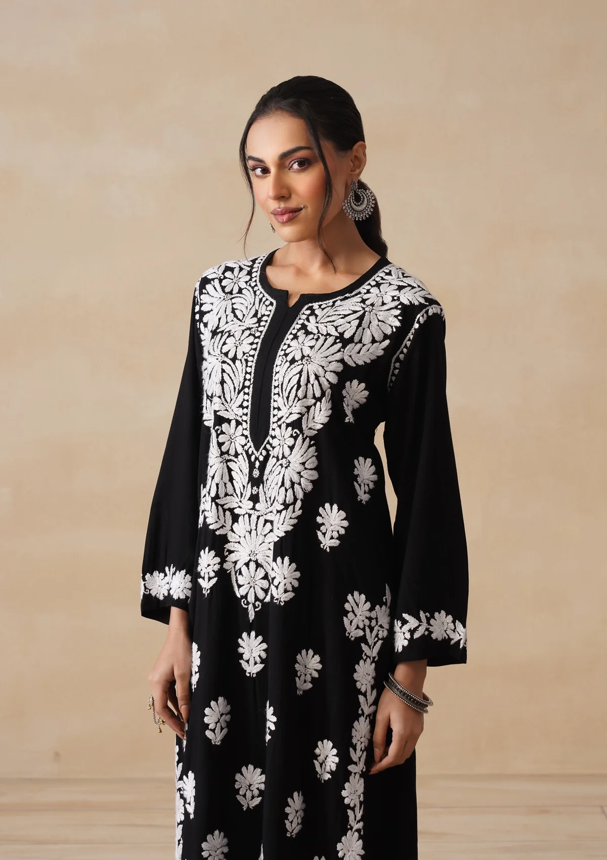 HOC Rayon Chikankari Solid Women's 2 PC Long Kurta Set - Black - Image 4