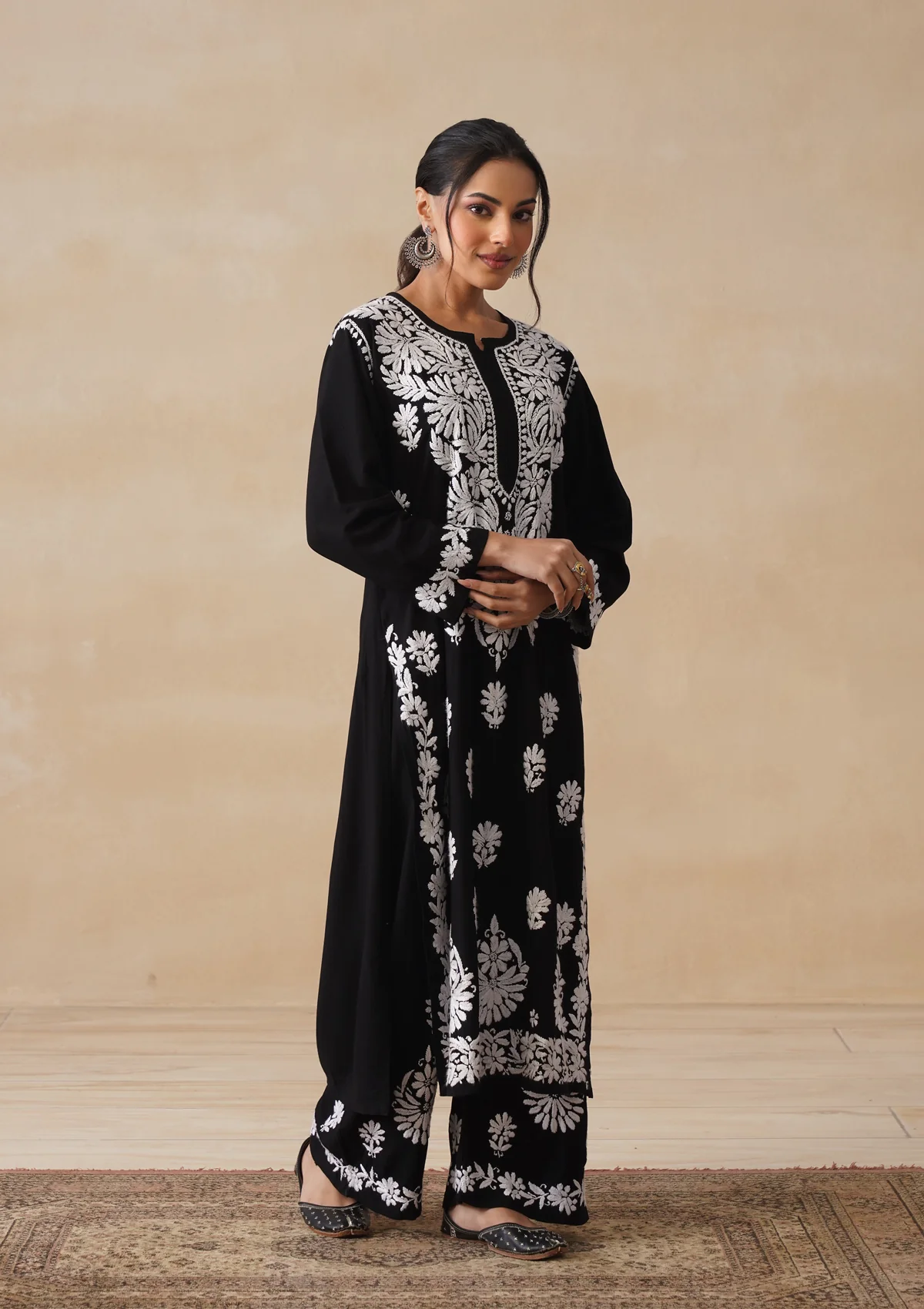HOC Rayon Chikankari Solid Women's 2 PC Long Kurta Set - Black - Image 5