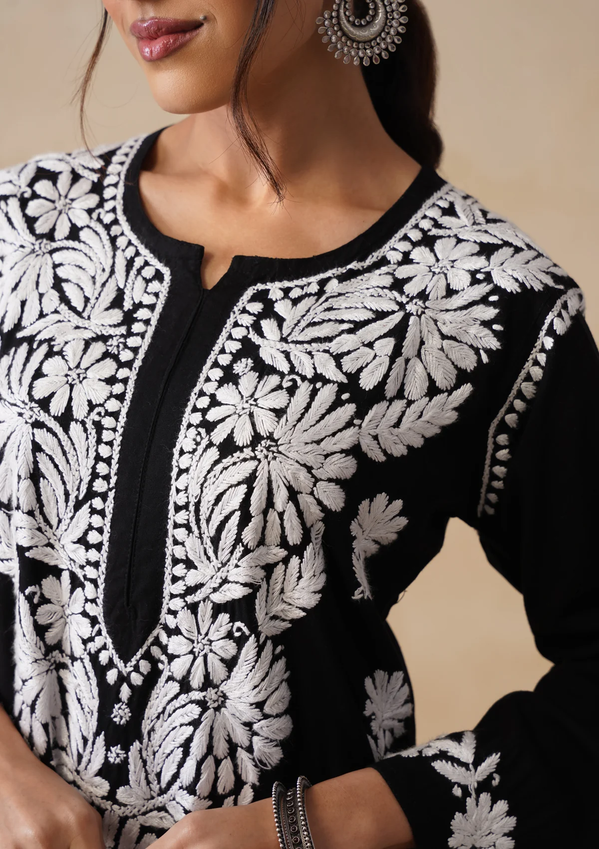 HOC Rayon Chikankari Solid Women's 2 PC Long Kurta Set - Black - Image 6
