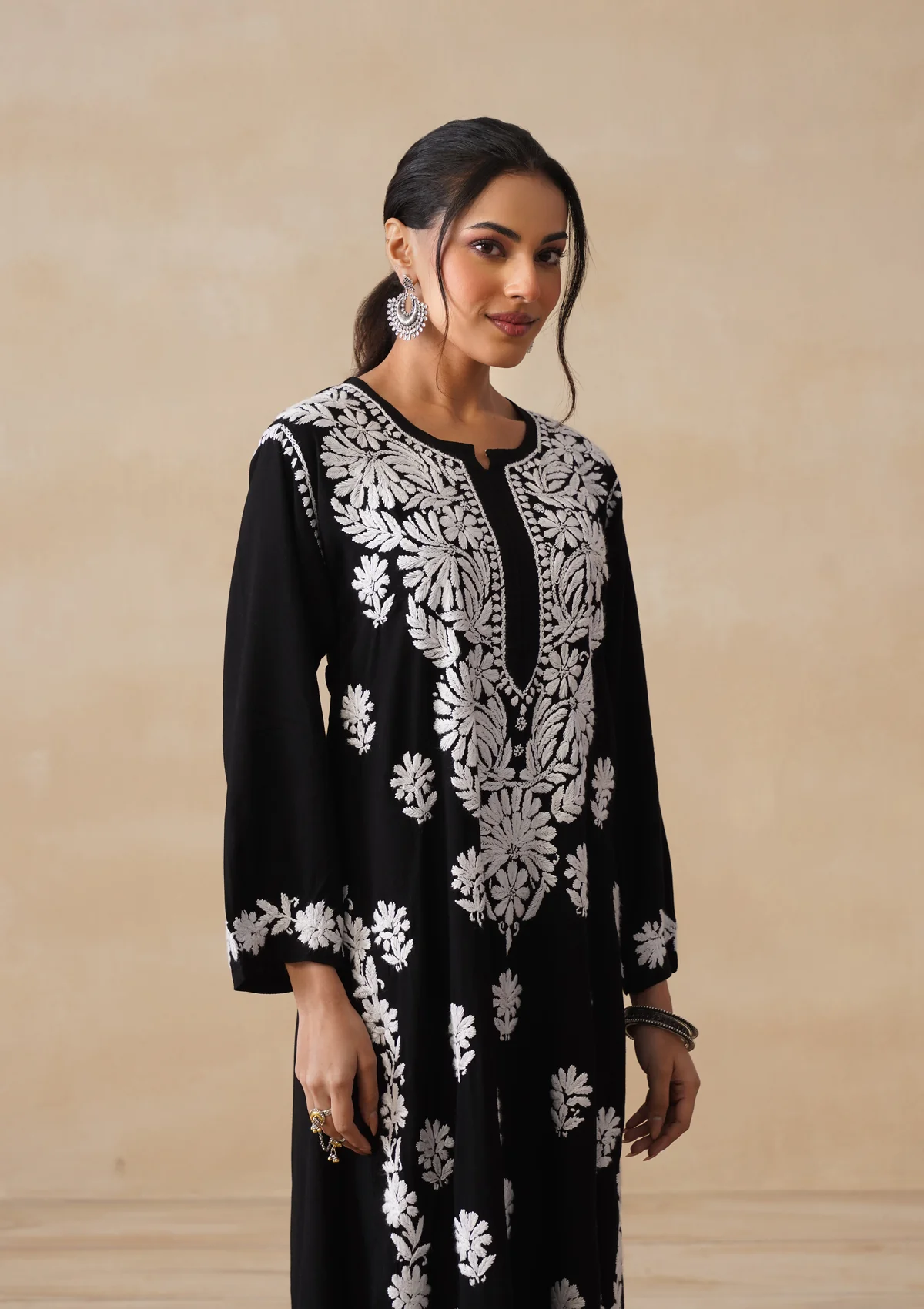 HOC Rayon Chikankari Solid Women's 2 PC Long Kurta Set - Black - Image 7