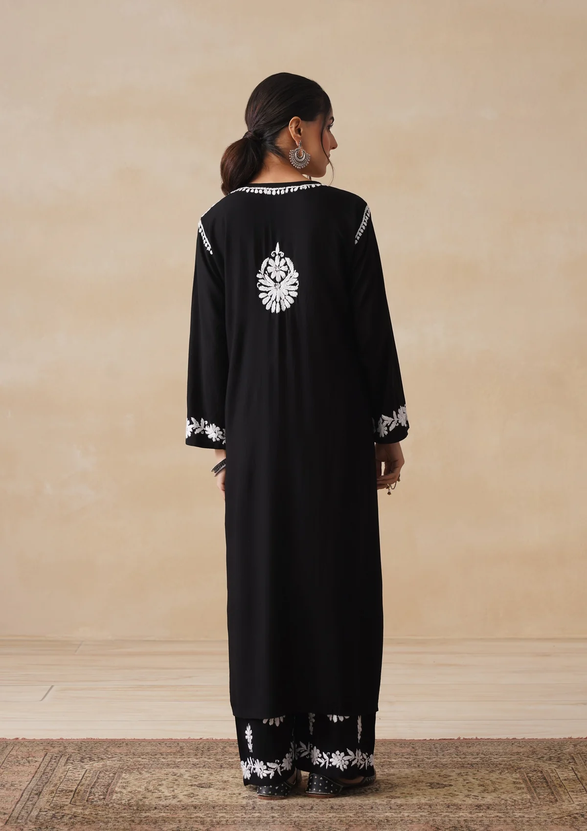 HOC Rayon Chikankari Solid Women's 2 PC Long Kurta Set - Black - Image 9