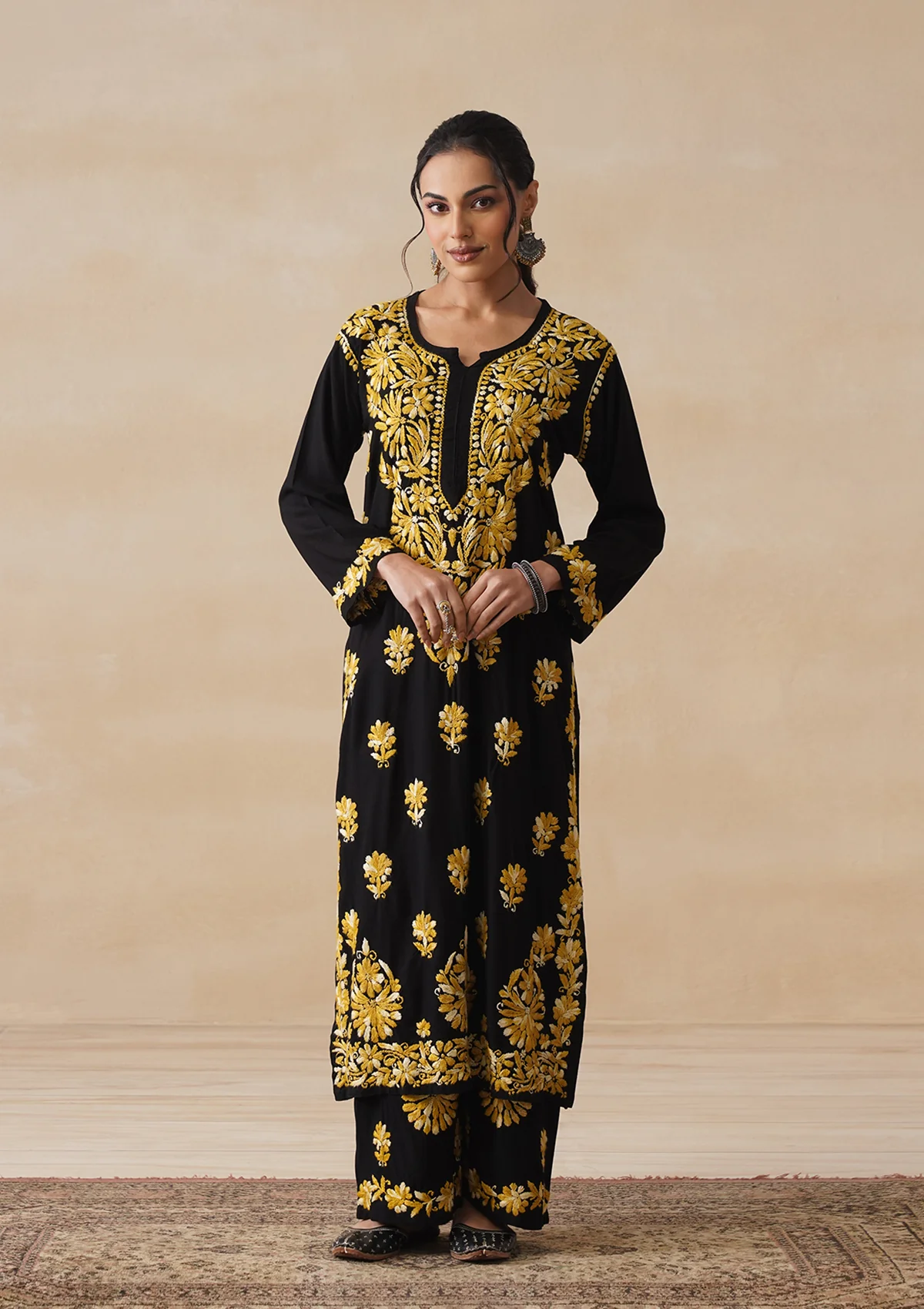 HOC Rayon Chikankari Solid Women's 2 PC Long Kurta Set - Black
