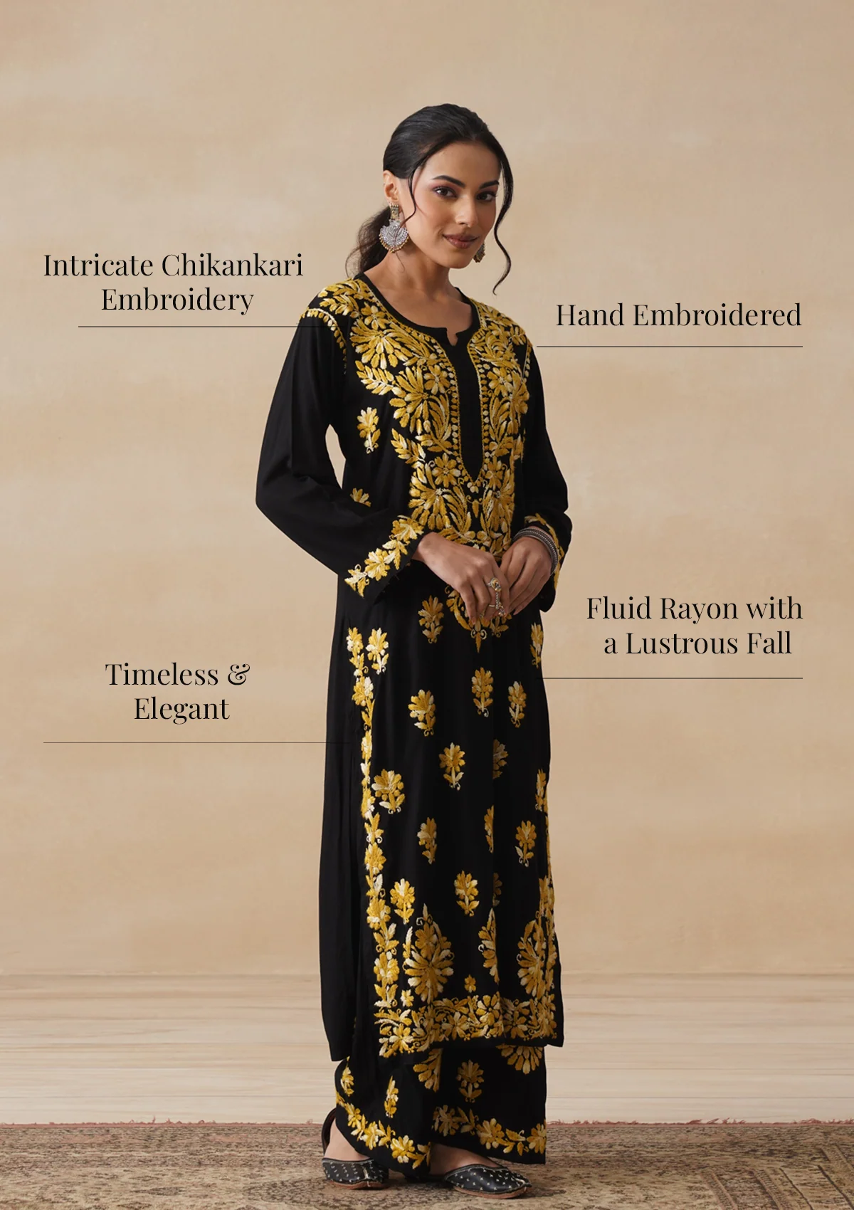 HOC Rayon Chikankari Solid Women's 2 PC Long Kurta Set - Black - Image 11