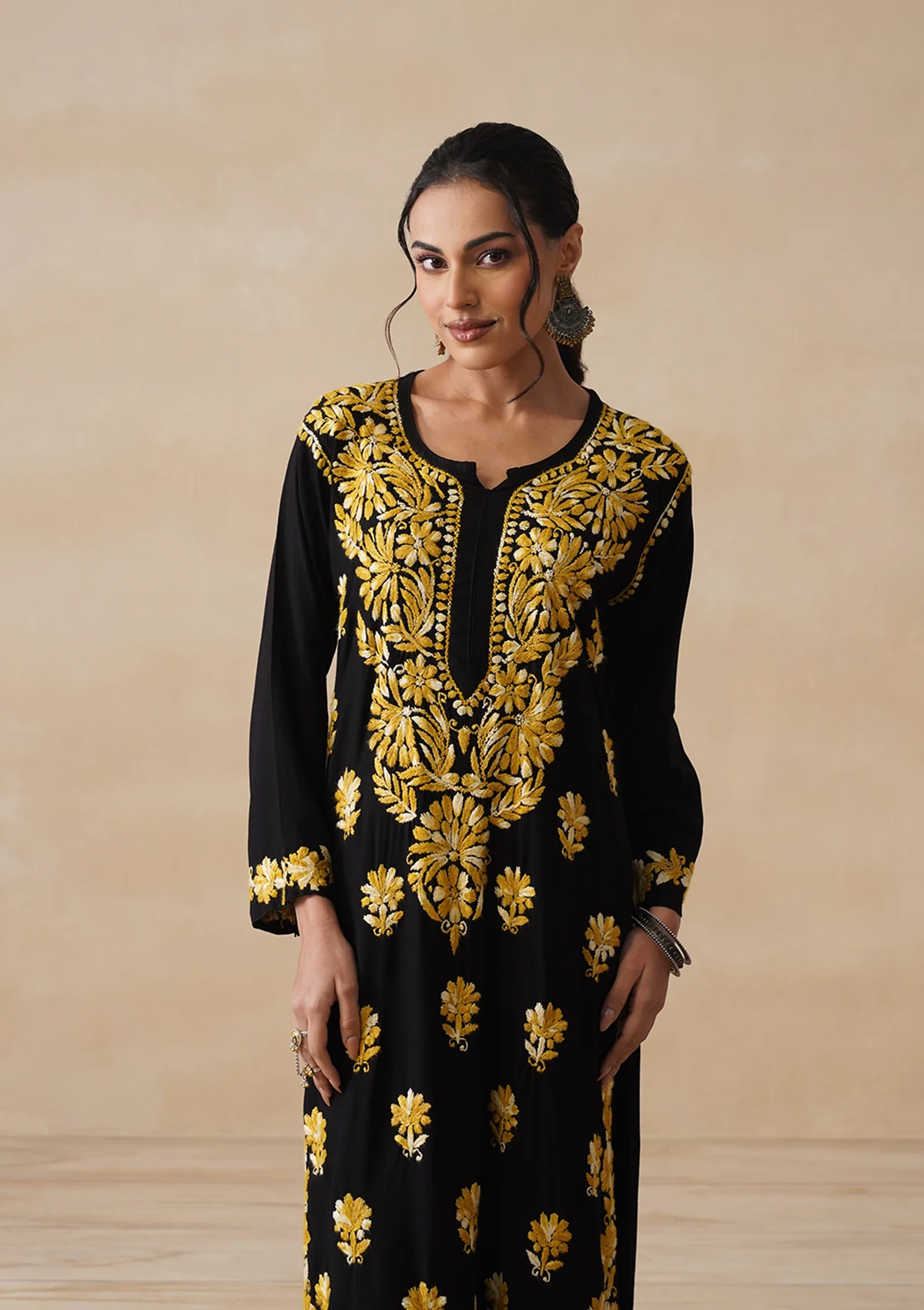 HOC Rayon Chikankari Solid Women's 2 PC Long Kurta Set - Black - Image 2