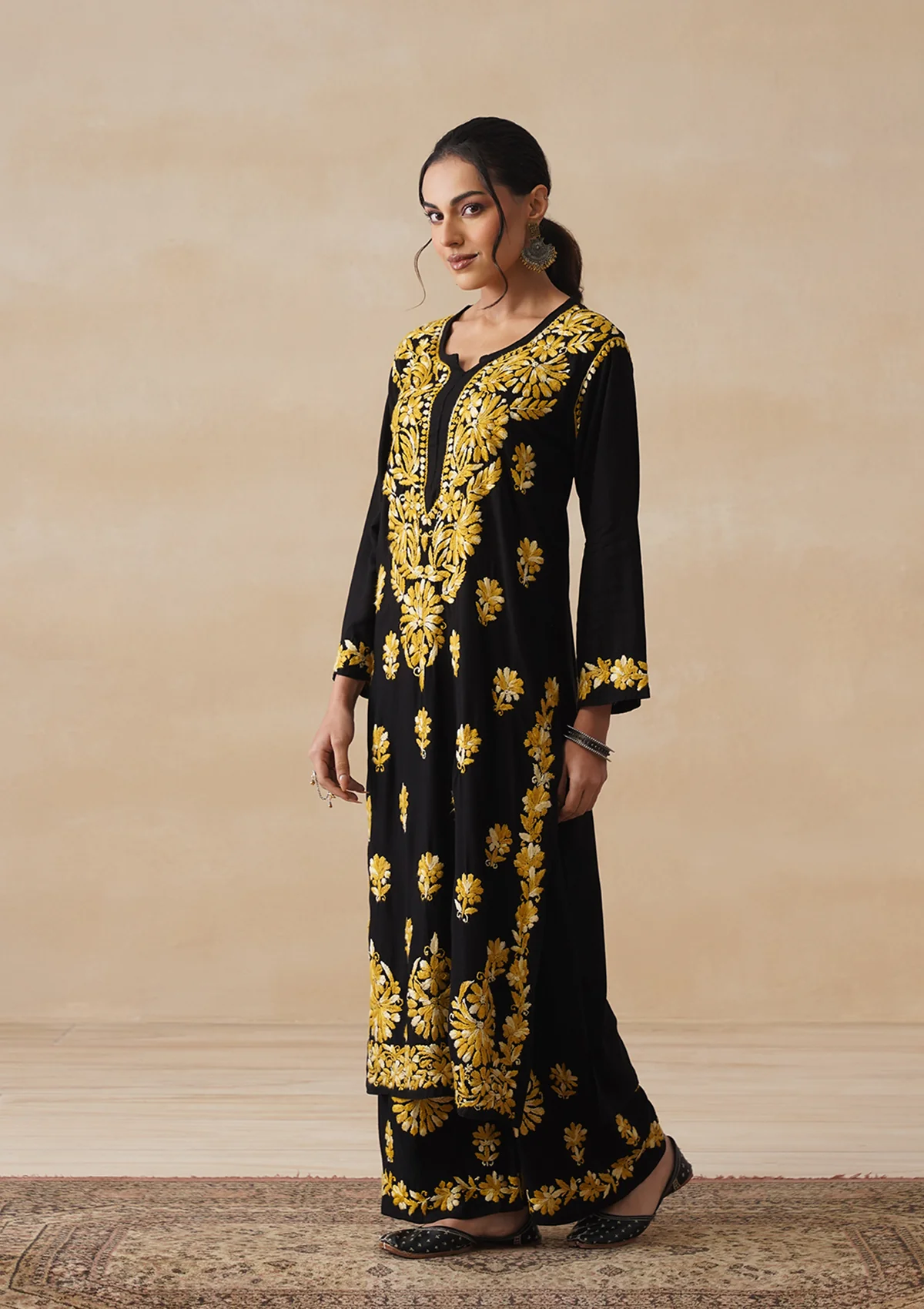 HOC Rayon Chikankari Solid Women's 2 PC Long Kurta Set - Black - Image 3