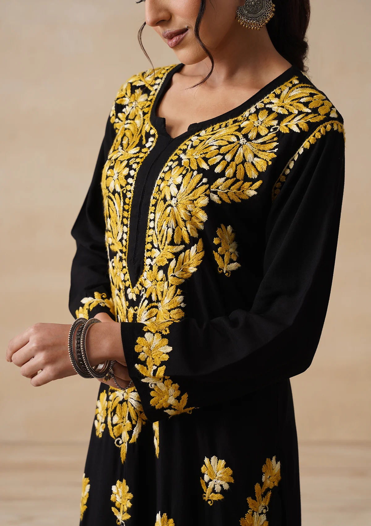 HOC Rayon Chikankari Solid Women's 2 PC Long Kurta Set - Black - Image 4