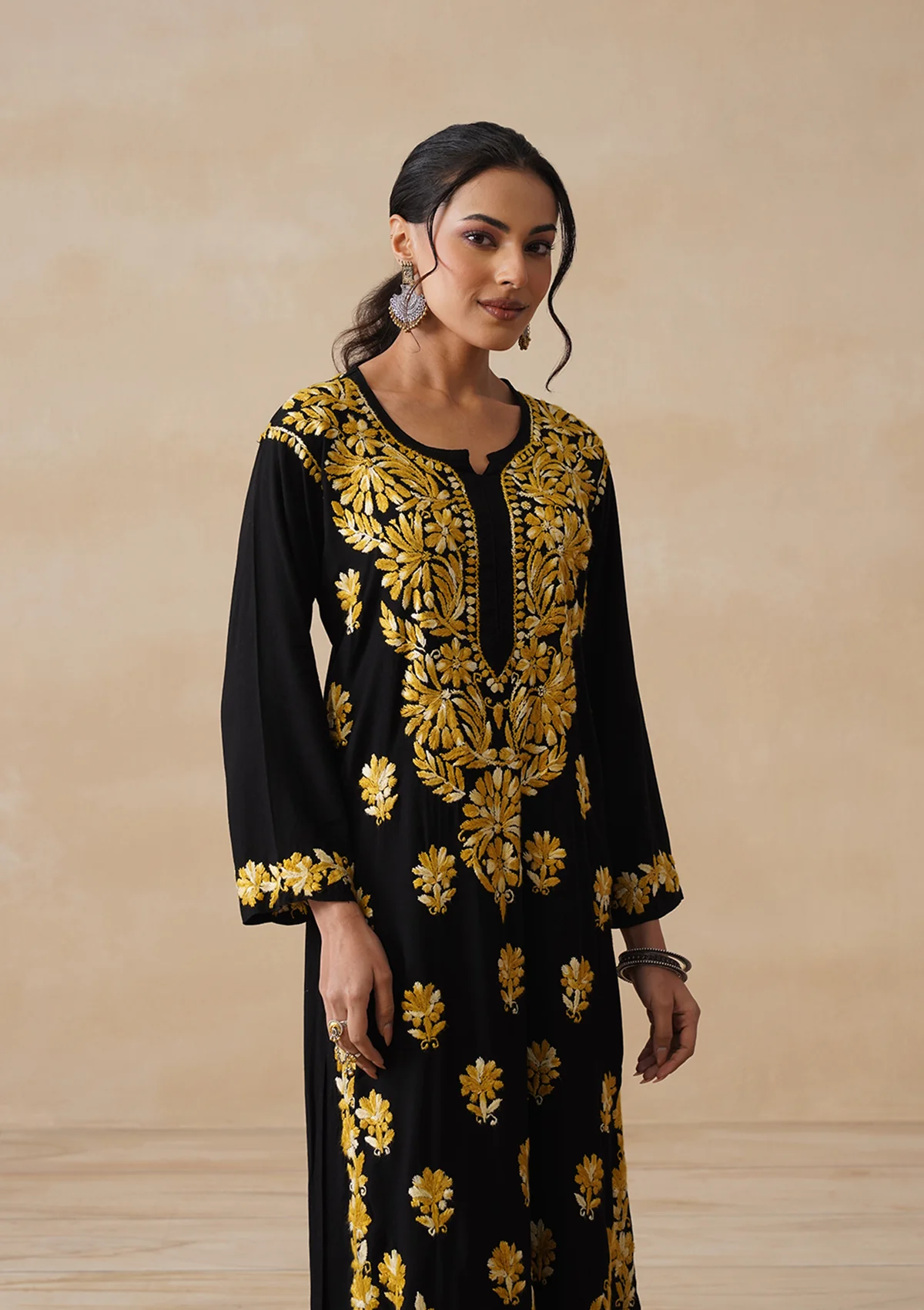 HOC Rayon Chikankari Solid Women's 2 PC Long Kurta Set - Black - Image 6
