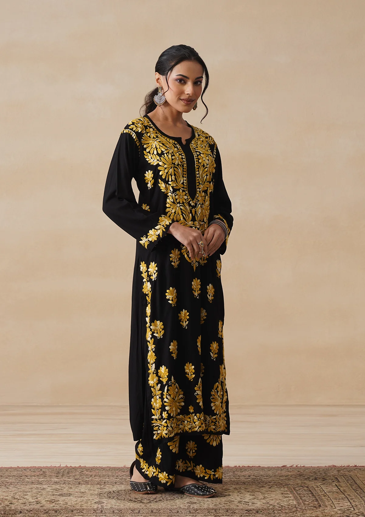 HOC Rayon Chikankari Solid Women's 2 PC Long Kurta Set - Black - Image 7