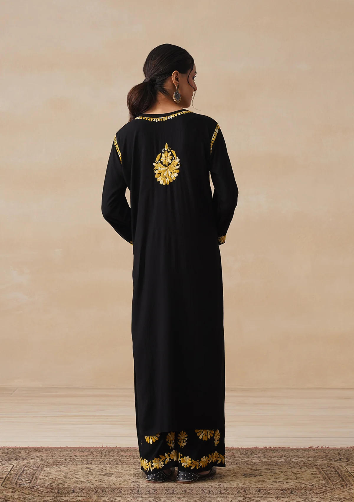 HOC Rayon Chikankari Solid Women's 2 PC Long Kurta Set - Black - Image 9