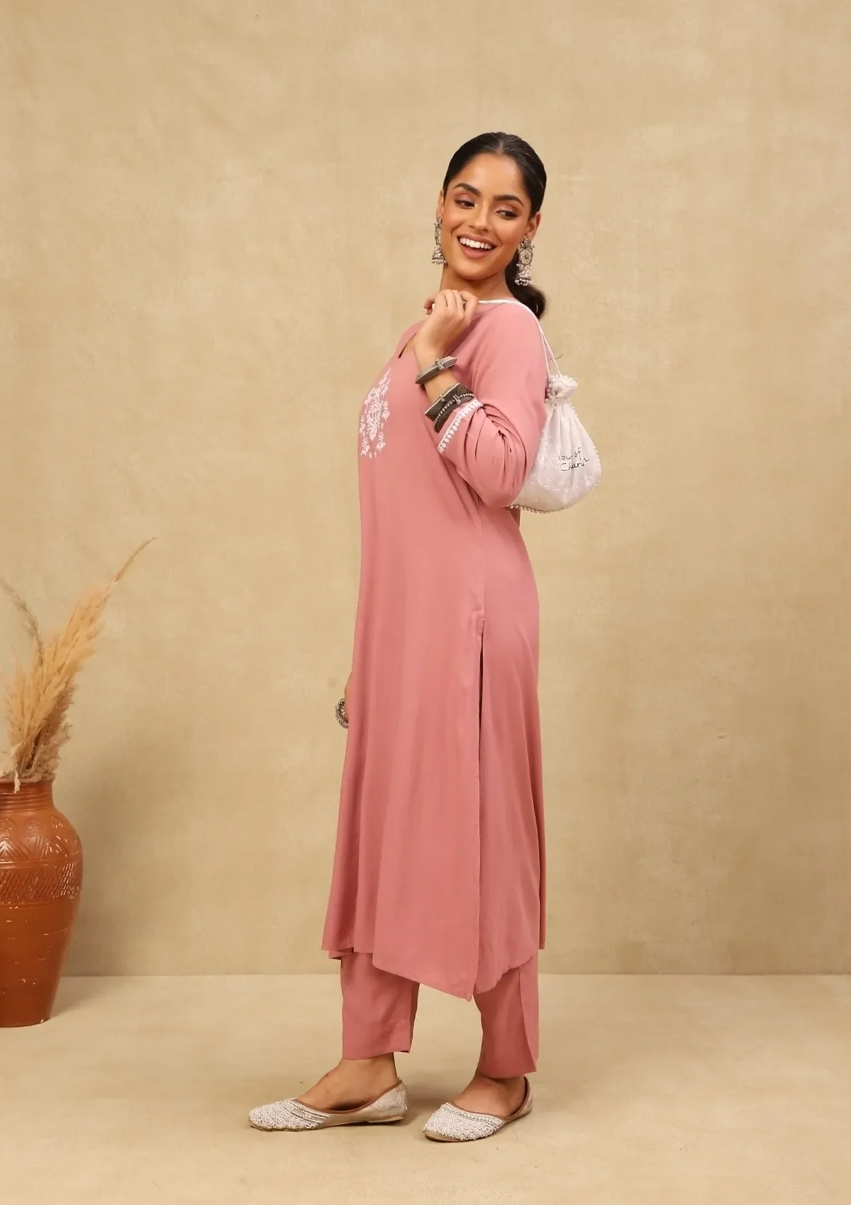 HOC Rayon Chikankari With Mukaish Solid Women's 2 PC Long Kurta Set - Dark Pink - Image 3