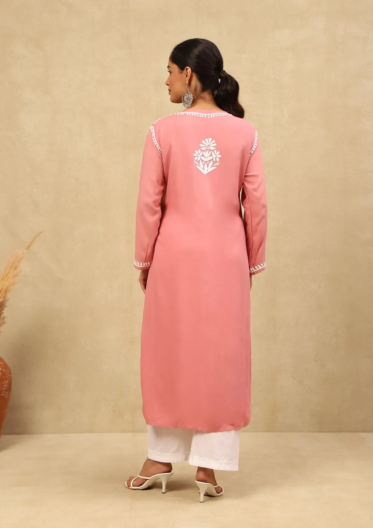 HOC Rayon Chikankari With Mukaish Solid Women's 2 PC Long Kurta Set - Dark Pink - Image 6