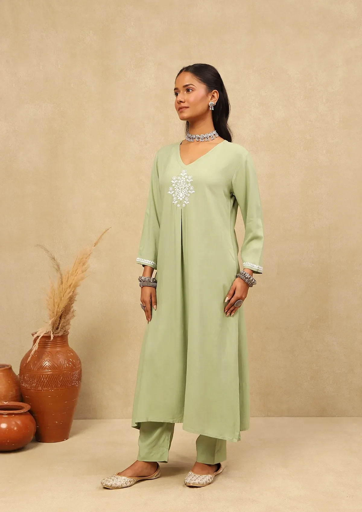 HOC Rayon Chikankari With Mukaish Solid Women's 2 PC Long Kurta Set - Green - Image 3