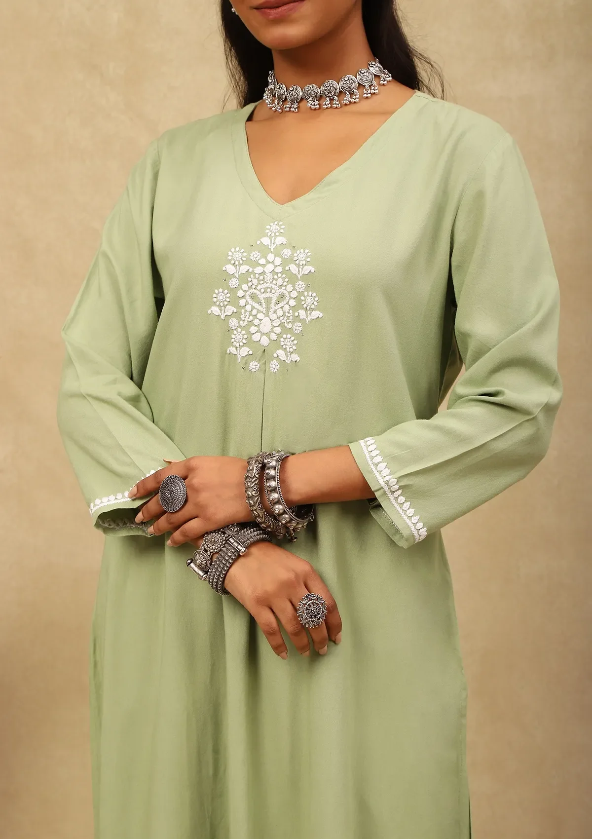 HOC Rayon Chikankari With Mukaish Solid Women's 2 PC Long Kurta Set - Green - Image 4