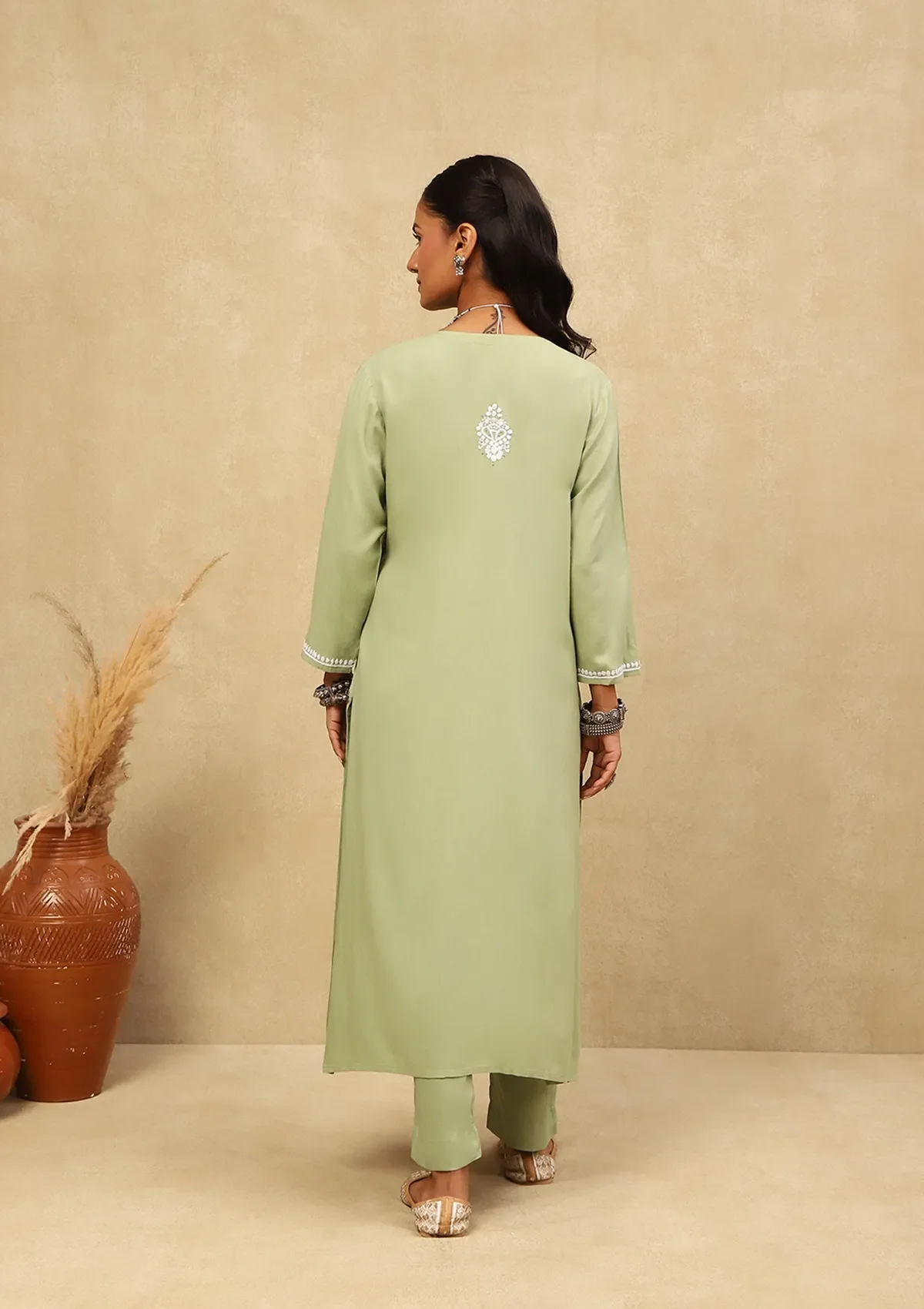 HOC Rayon Chikankari With Mukaish Solid Women's 2 PC Long Kurta Set - Green - Image 6