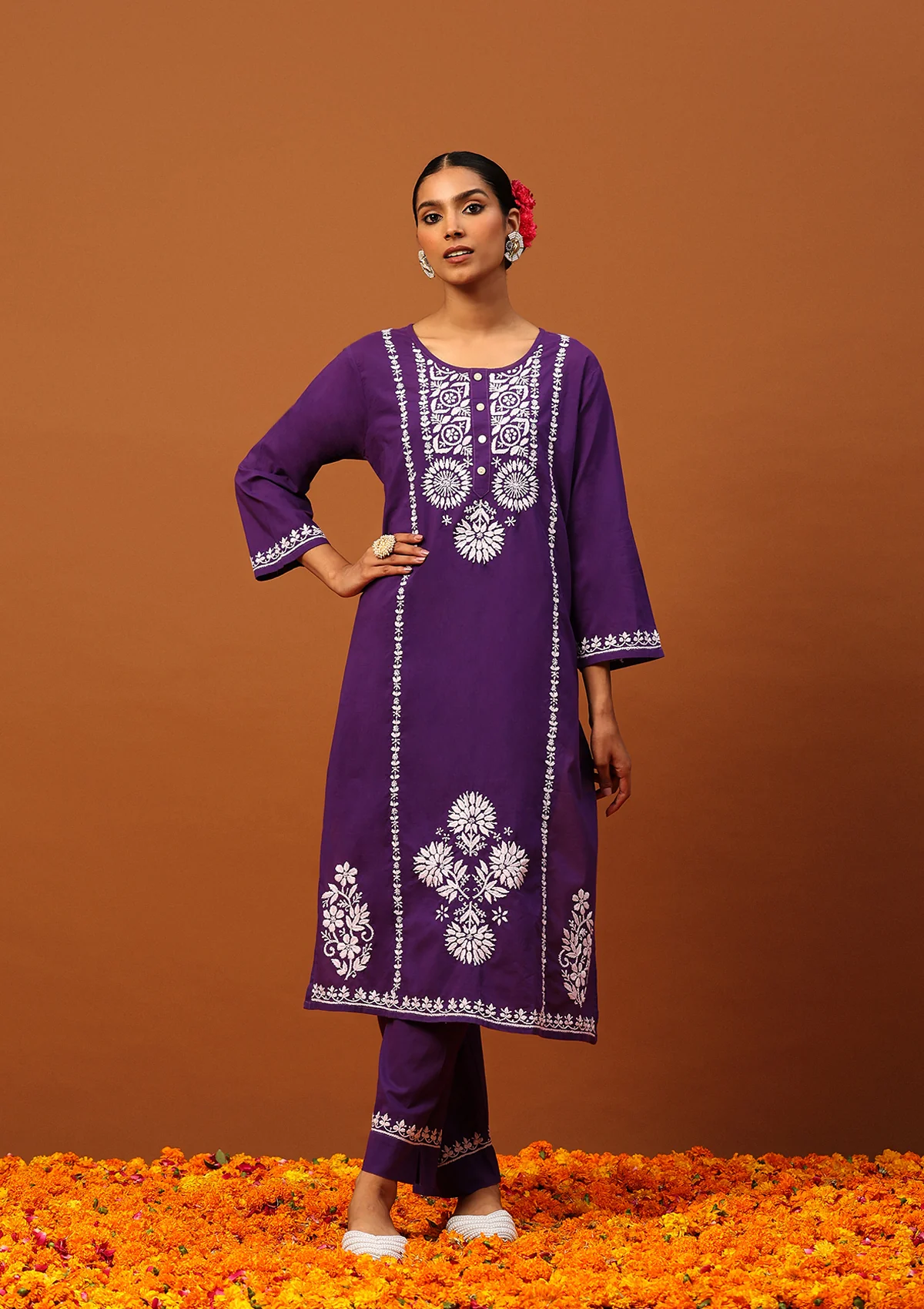 HOC Cotton Chikankari Solid Women's 2 PC Long Kurta Set-Purple - Image 3