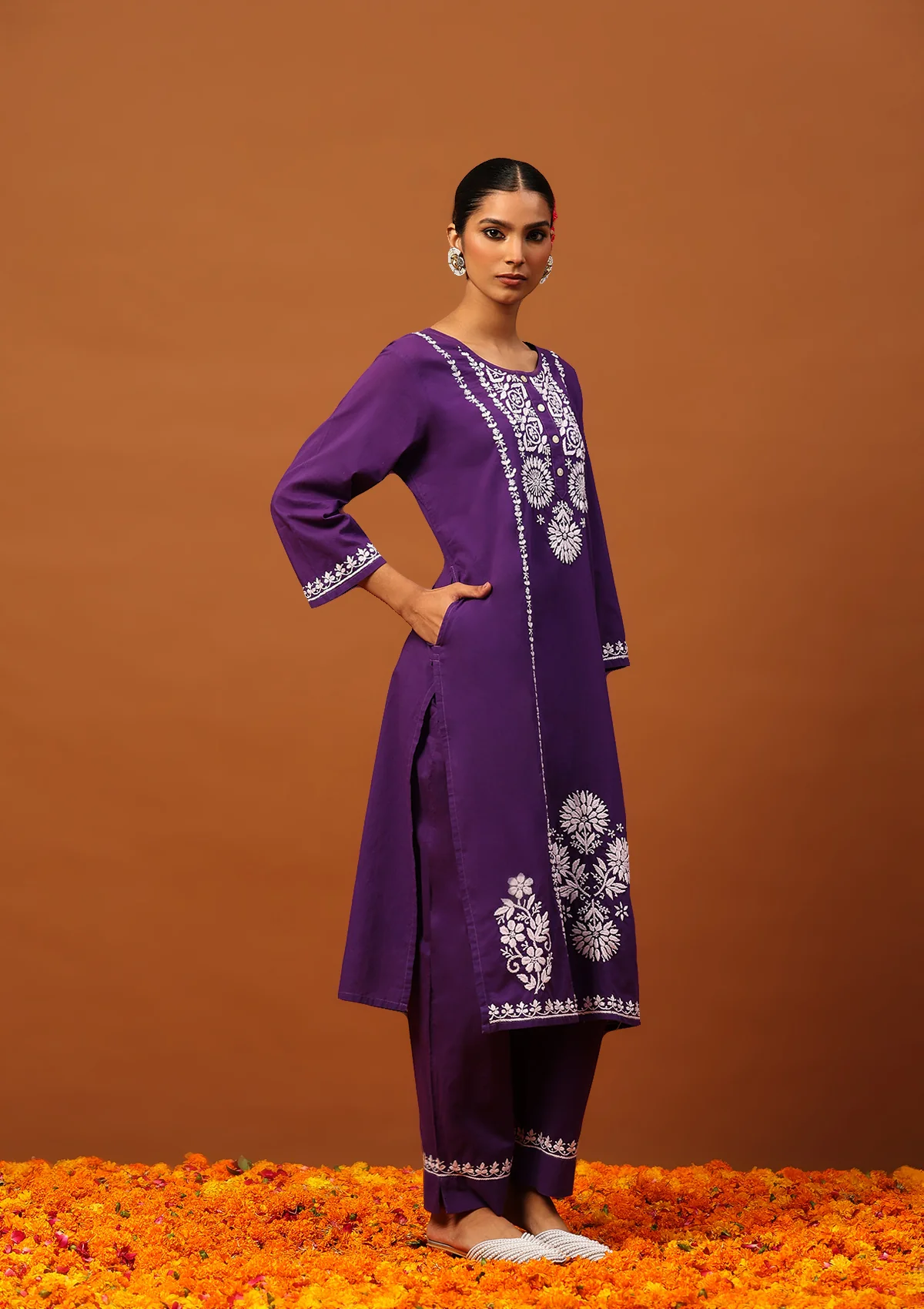 HOC Cotton Chikankari Solid Women's 2 PC Long Kurta Set-Purple - Image 4