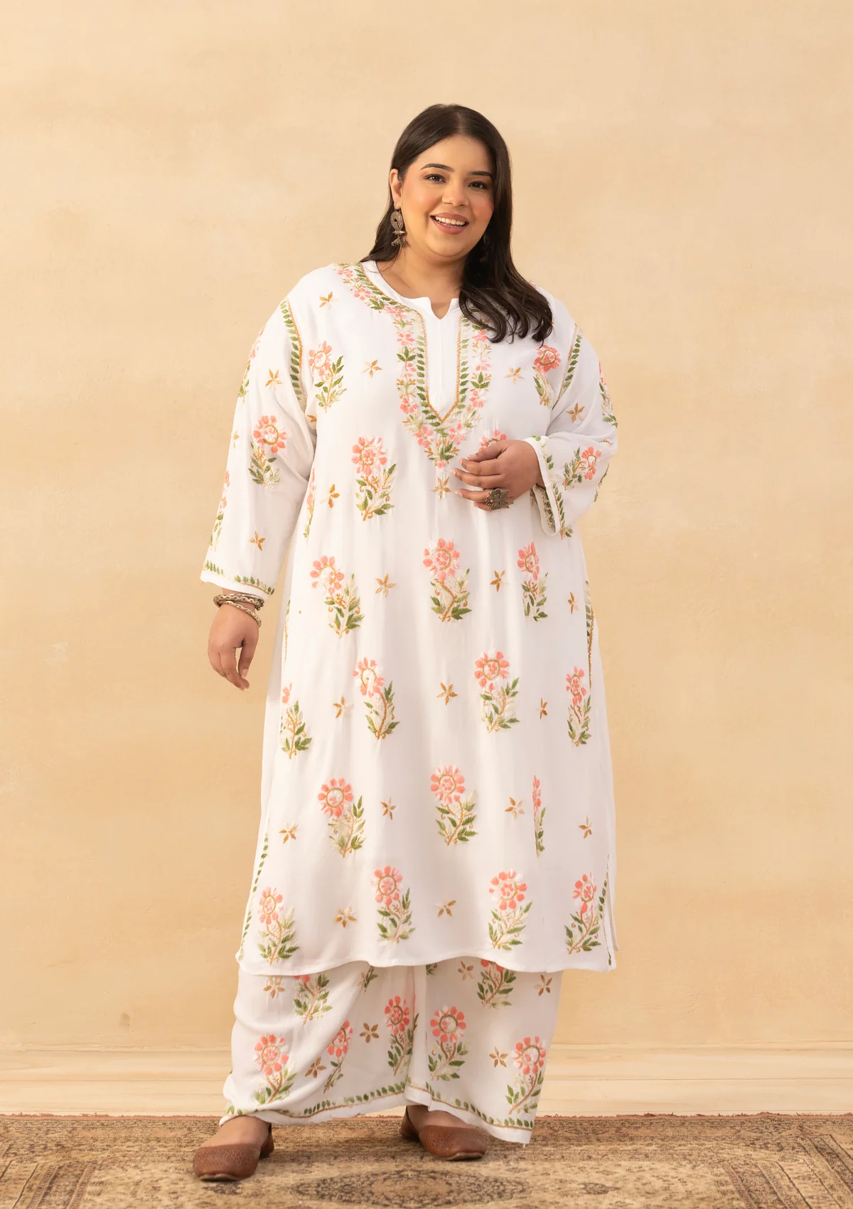 HOC Rayon Chikankari Solid Women's 2 PC Long Kurta Set - White - Image 5