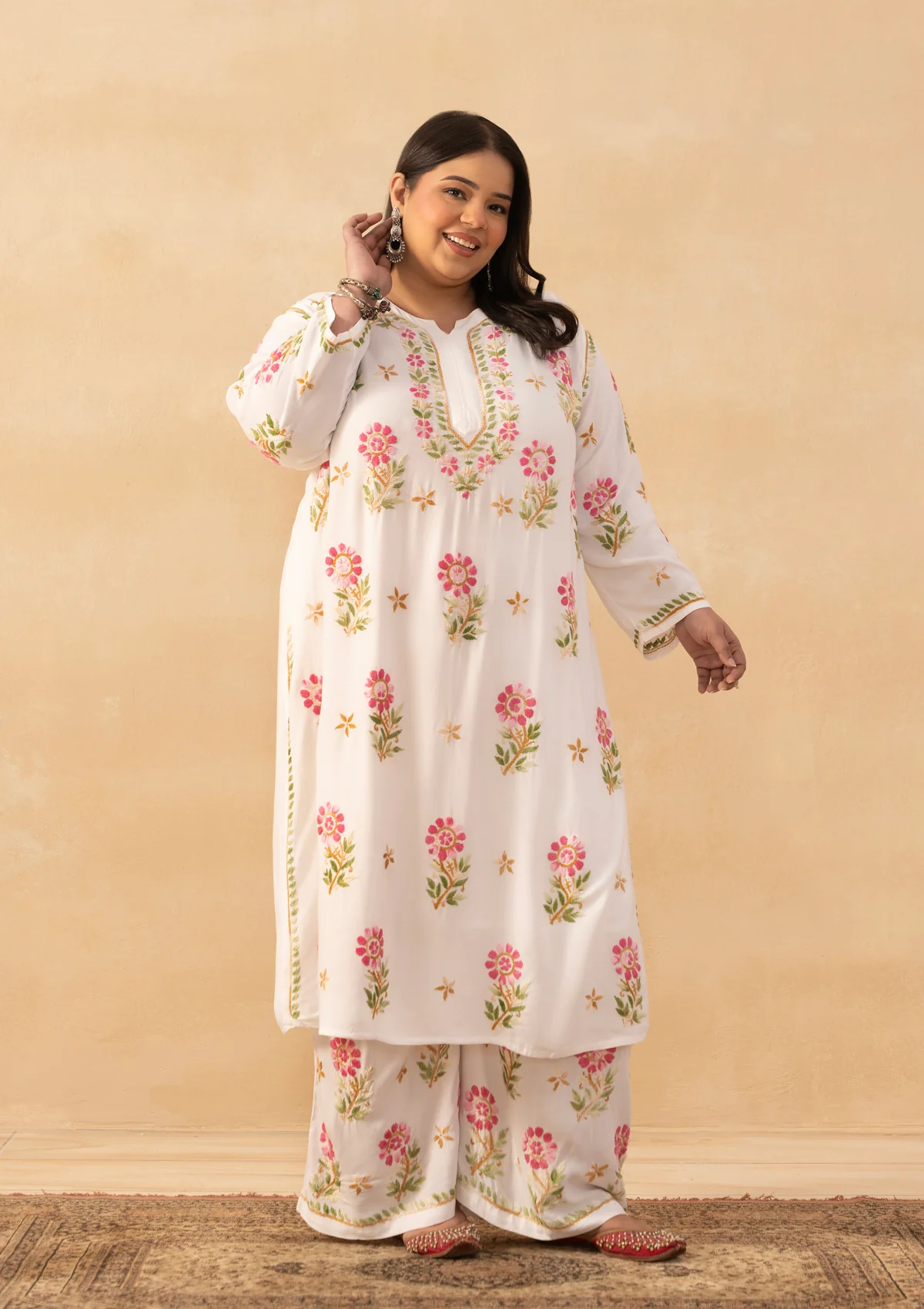 HOC Rayon Chikankari Solid Women's 2 PC Long Kurta Set - White - Image 3
