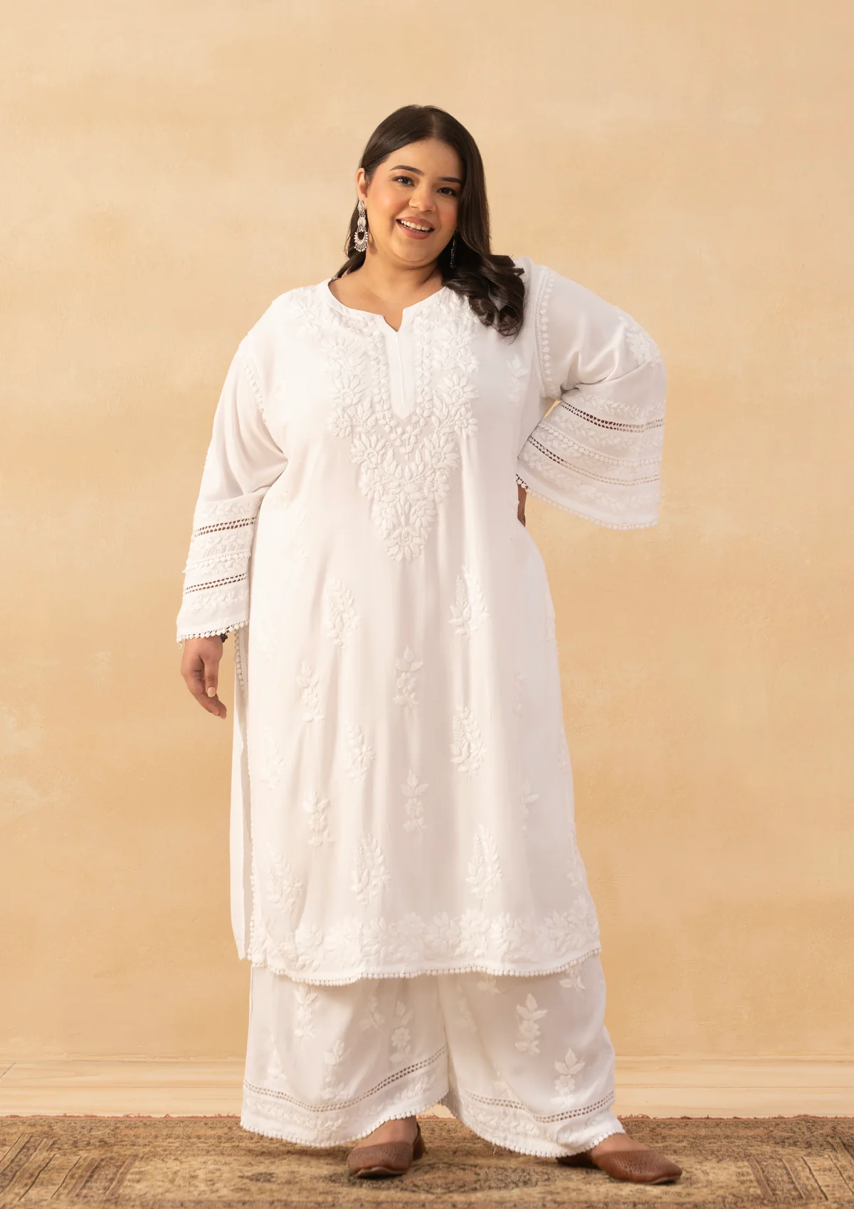 HOC Rayon Chikankari Solid Women's 2 PC Long Kurta Set - White
