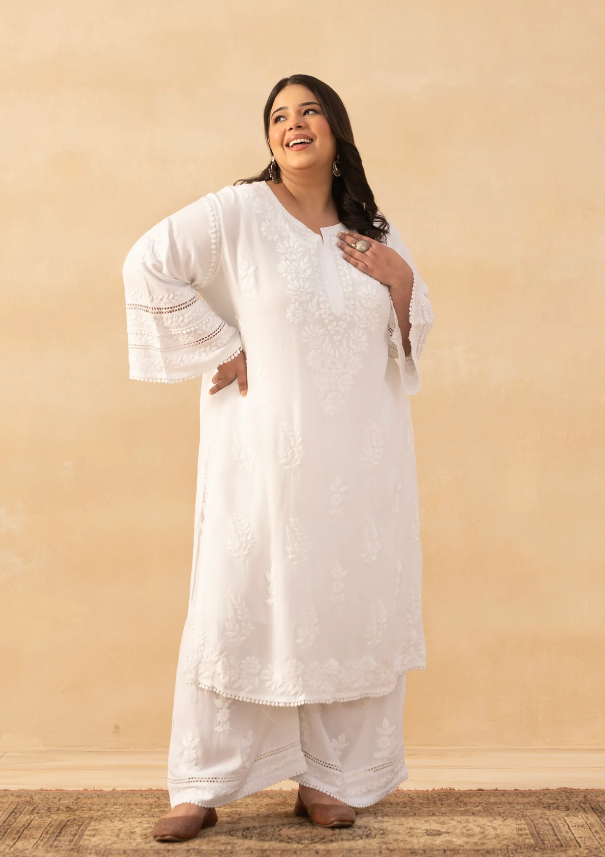 HOC Rayon Chikankari Solid Women's 2 PC Long Kurta Set - White - Image 3