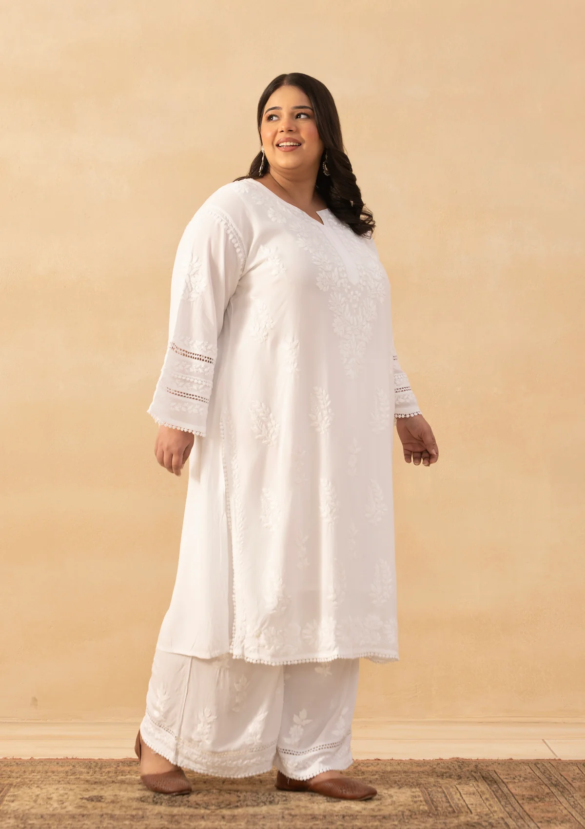 HOC Rayon Chikankari Solid Women's 2 PC Long Kurta Set - White - Image 5
