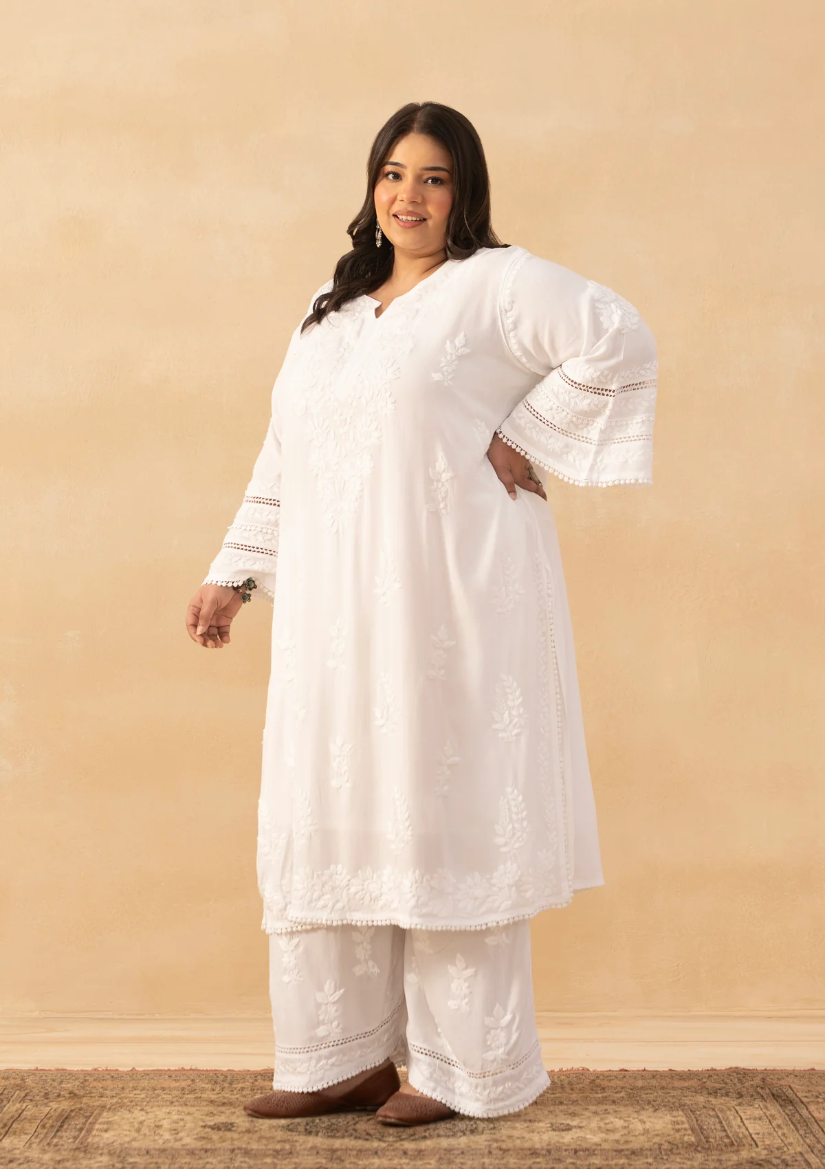 HOC Rayon Chikankari Solid Women's 2 PC Long Kurta Set - White - Image 6