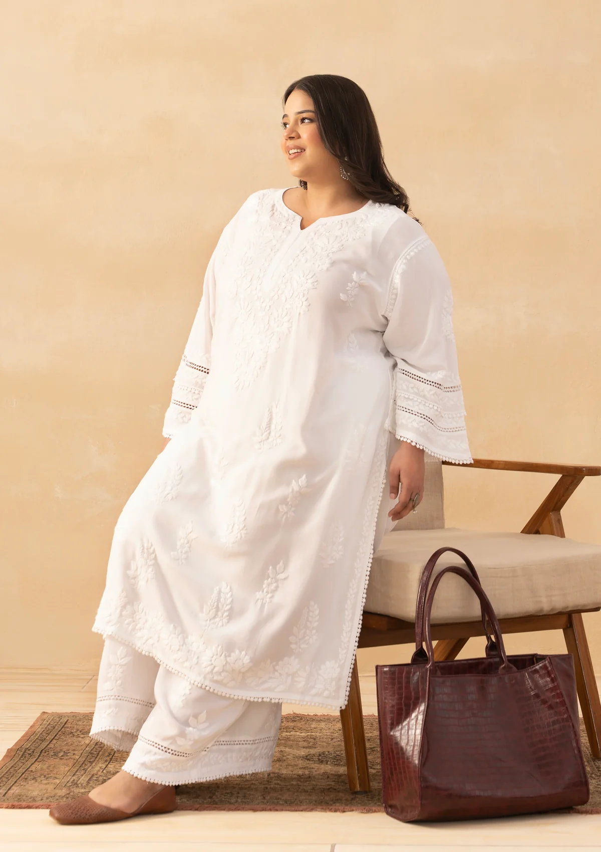 HOC Rayon Chikankari Solid Women's 2 PC Long Kurta Set - White - Image 7