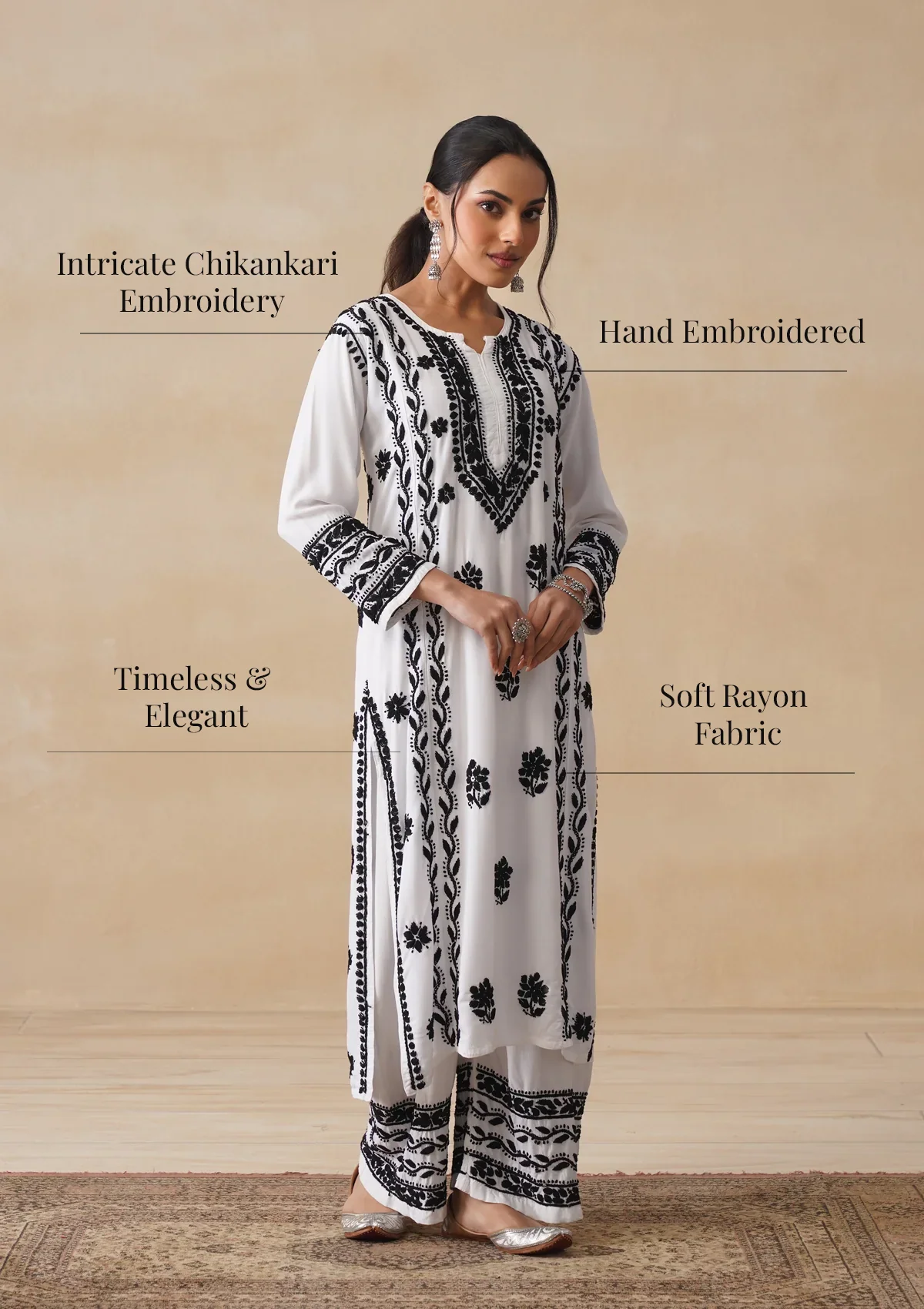 HOC Rayon Chikankari Solid Women's 2 PC Long Kurta Set - White - Image 11