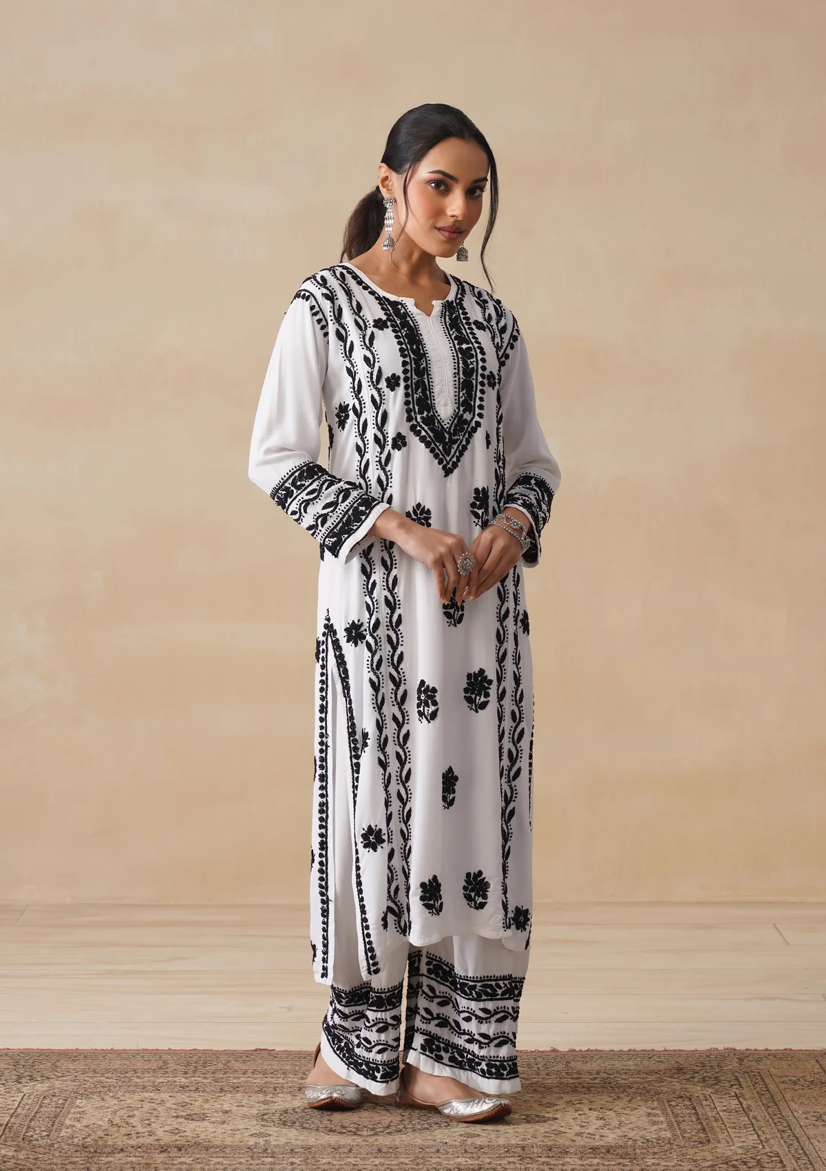 HOC Rayon Chikankari Solid Women's 2 PC Long Kurta Set - White - Image 3