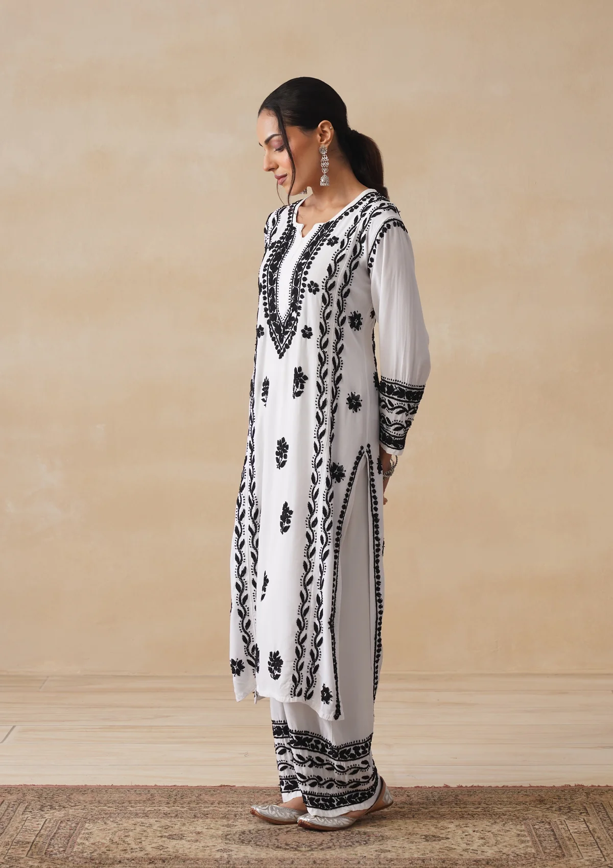 HOC Rayon Chikankari Solid Women's 2 PC Long Kurta Set - White - Image 5