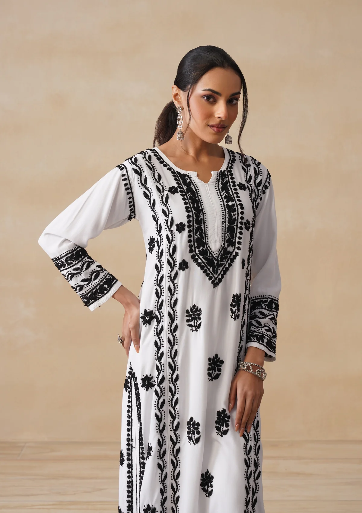 HOC Rayon Chikankari Solid Women's 2 PC Long Kurta Set - White - Image 7