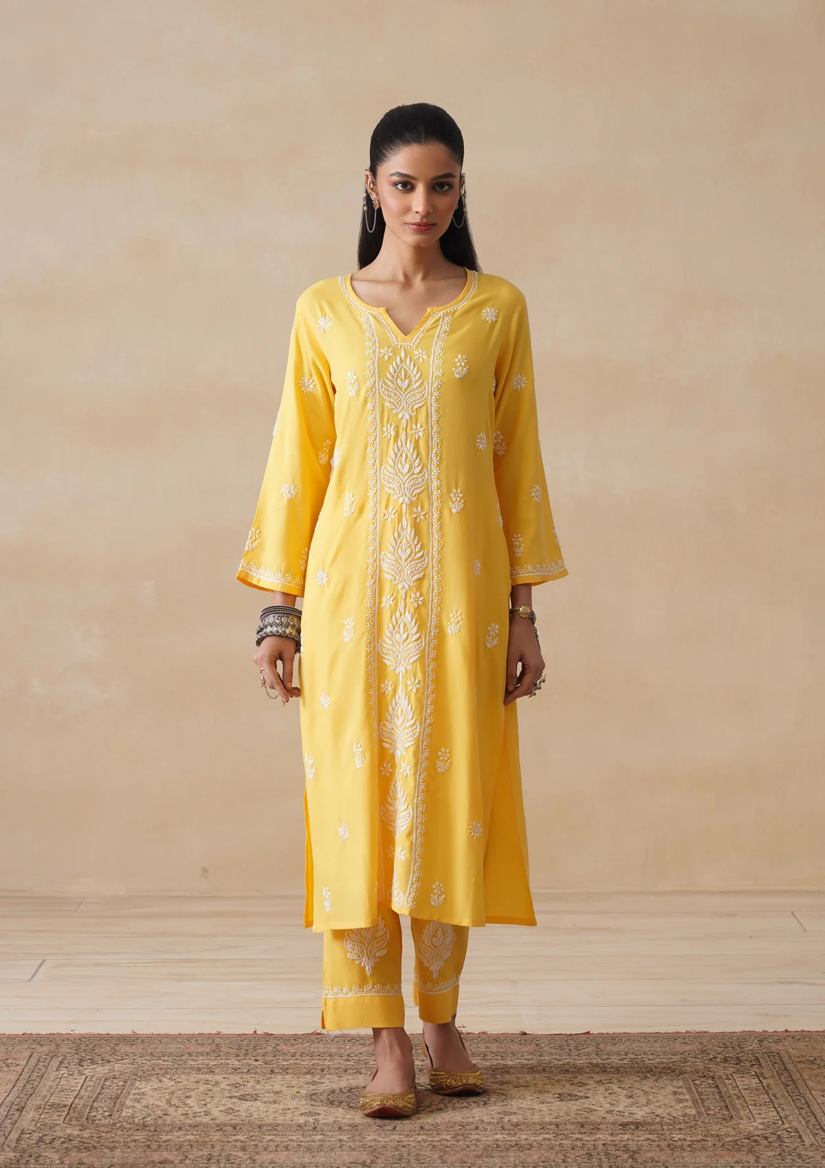 HOC Rayon Chikankari Solid Women's 3 PC Long Kurta Set - Yellow - Image 10