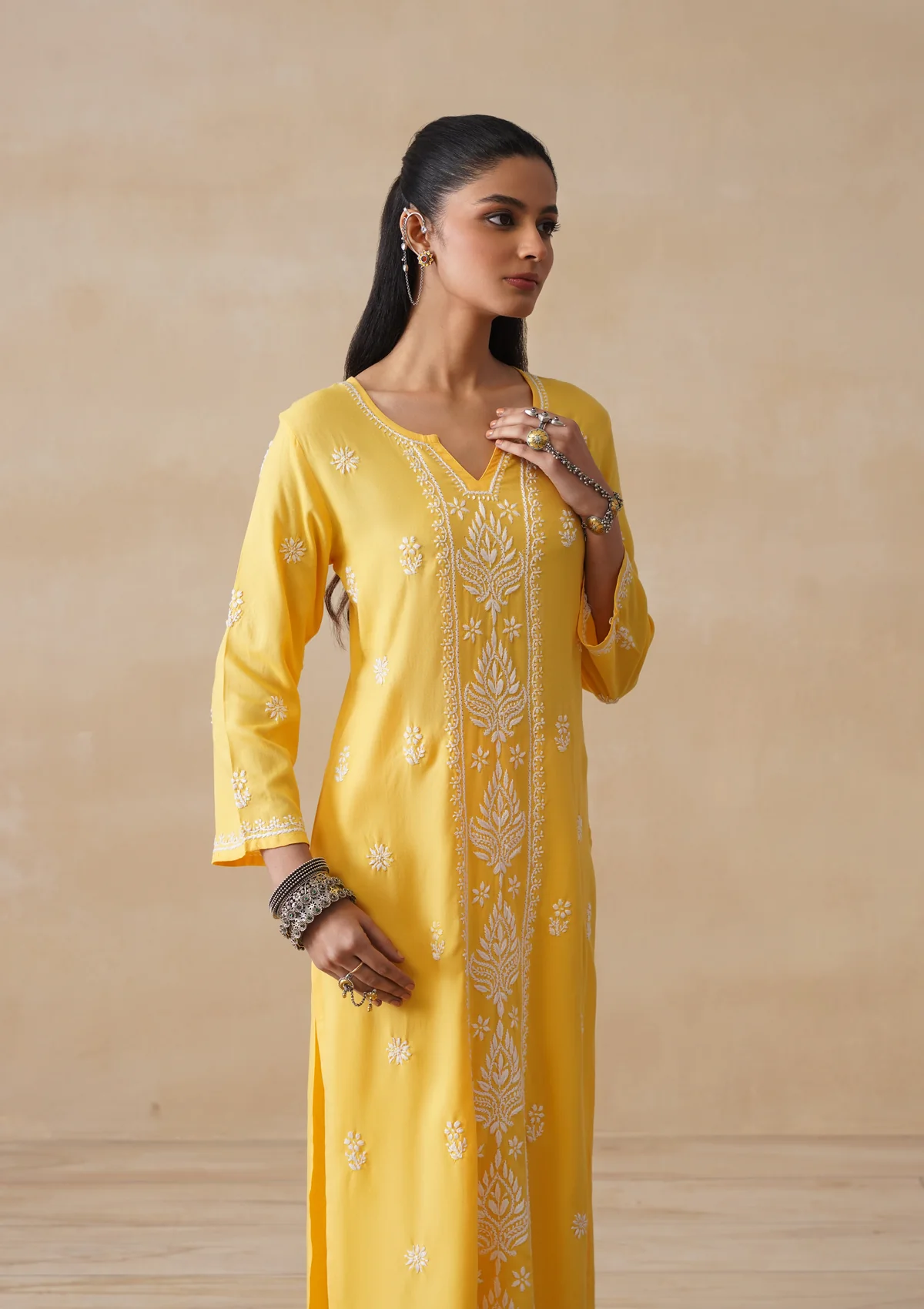 HOC Rayon Chikankari Solid Women's 3 PC Long Kurta Set - Yellow - Image 12