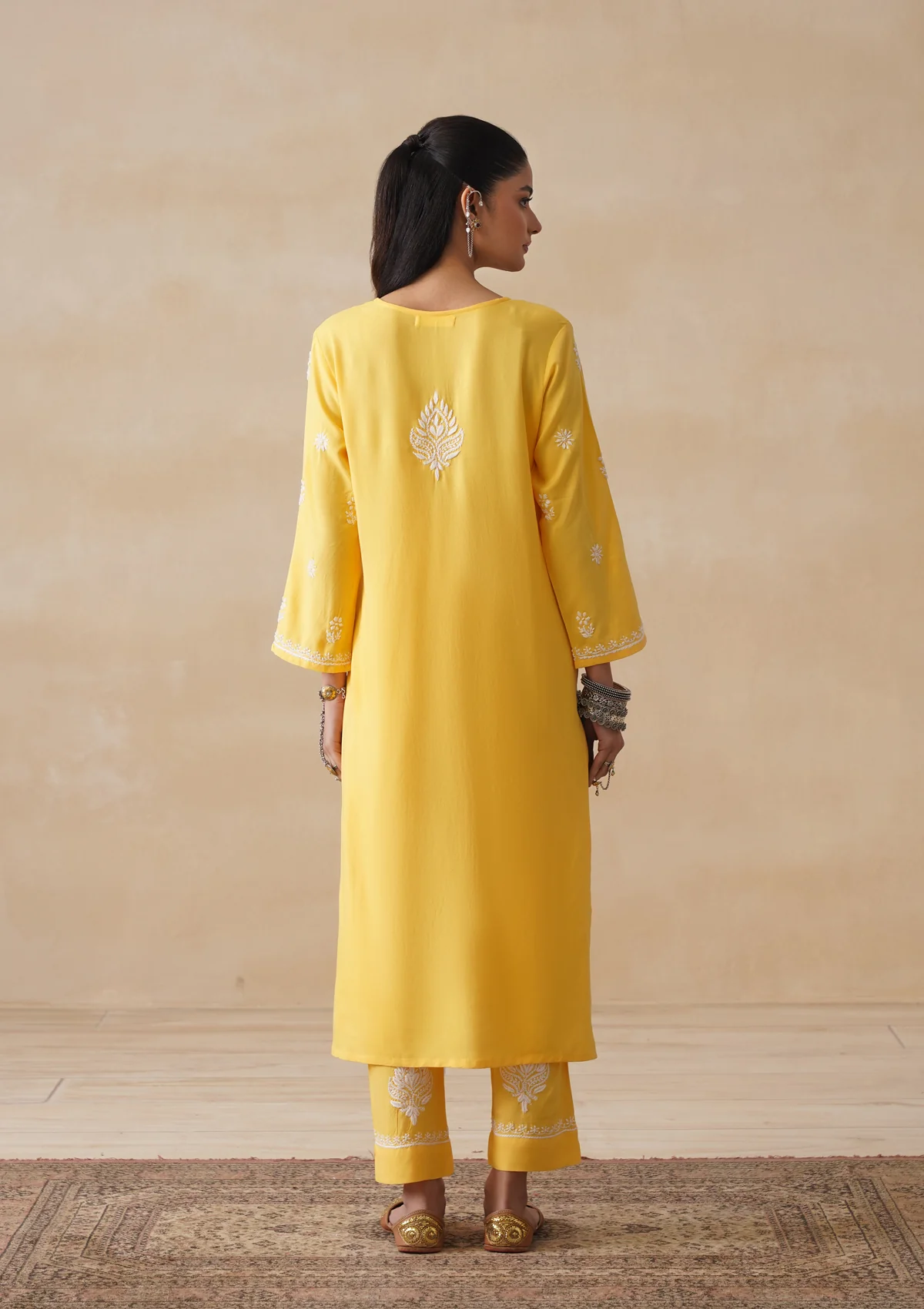 HOC Rayon Chikankari Solid Women's 3 PC Long Kurta Set - Yellow - Image 15