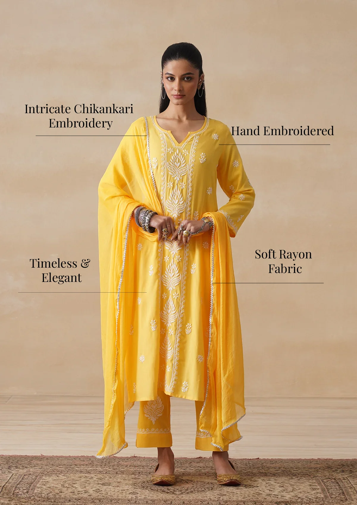 HOC Rayon Chikankari Solid Women's 3 PC Long Kurta Set - Yellow - Image 16