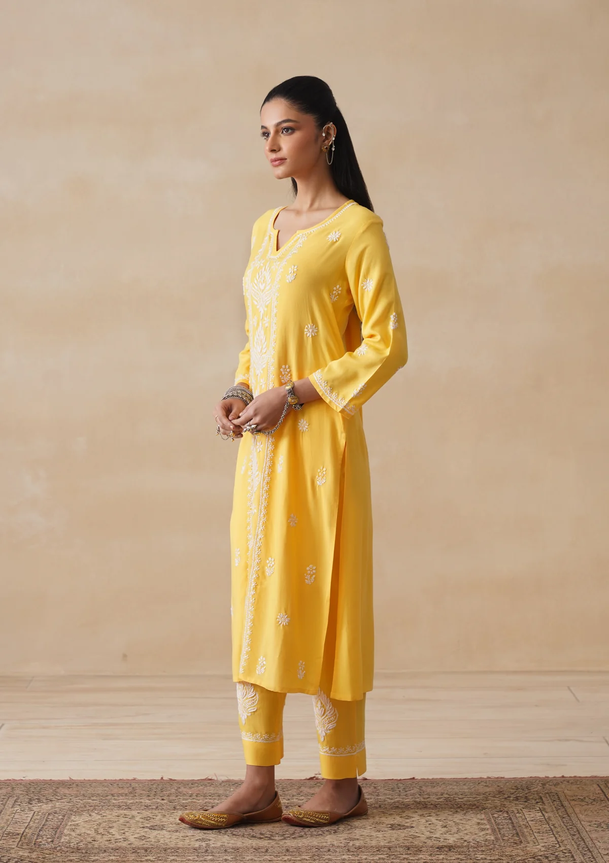 HOC Rayon Chikankari Solid Women's 3 PC Long Kurta Set - Yellow - Image 3