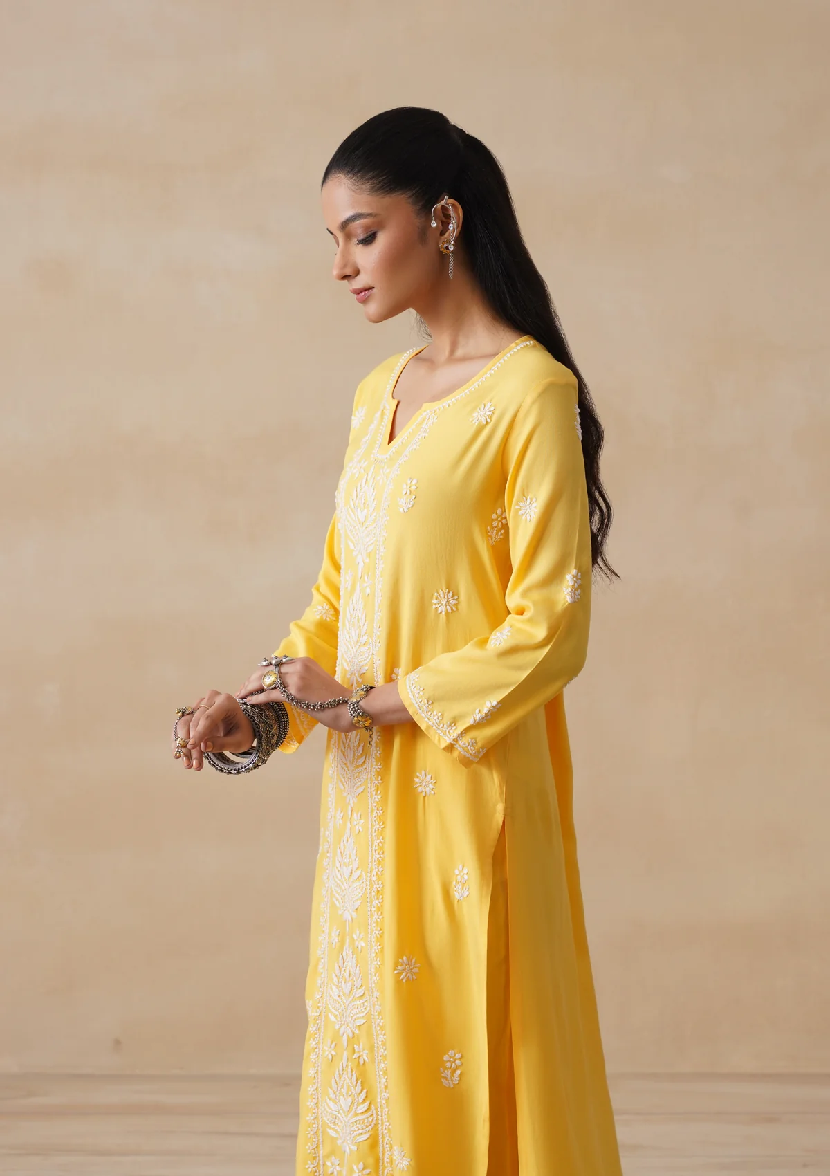 HOC Rayon Chikankari Solid Women's 3 PC Long Kurta Set - Yellow - Image 4