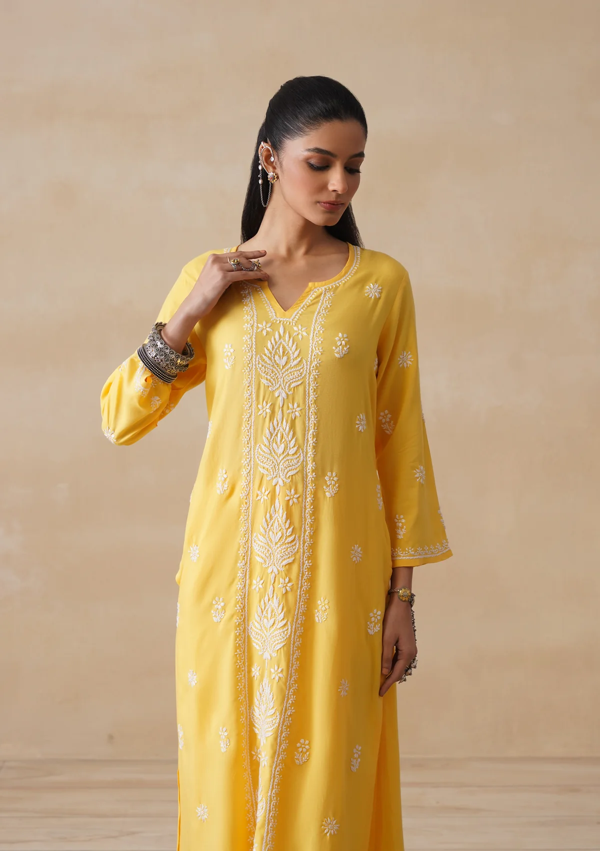 HOC Rayon Chikankari Solid Women's 3 PC Long Kurta Set - Yellow - Image 5
