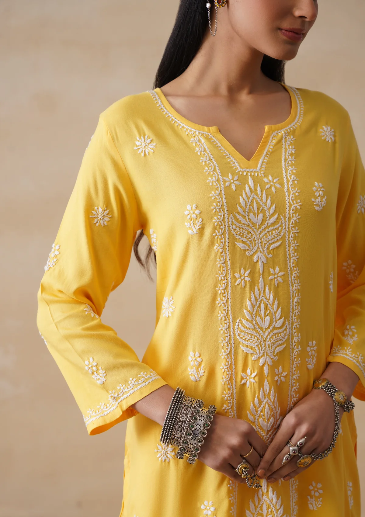 HOC Rayon Chikankari Solid Women's 3 PC Long Kurta Set - Yellow - Image 6