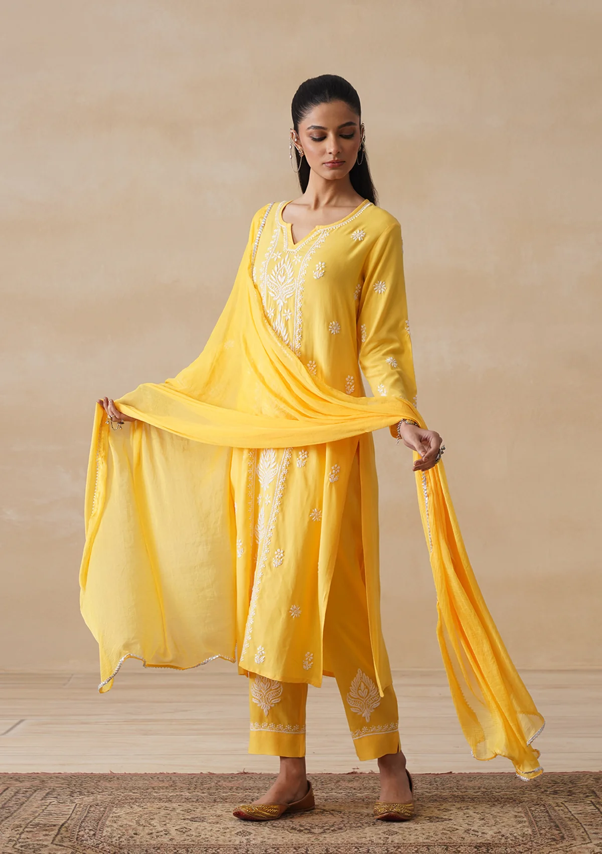 HOC Rayon Chikankari Solid Women's 3 PC Long Kurta Set - Yellow - Image 7