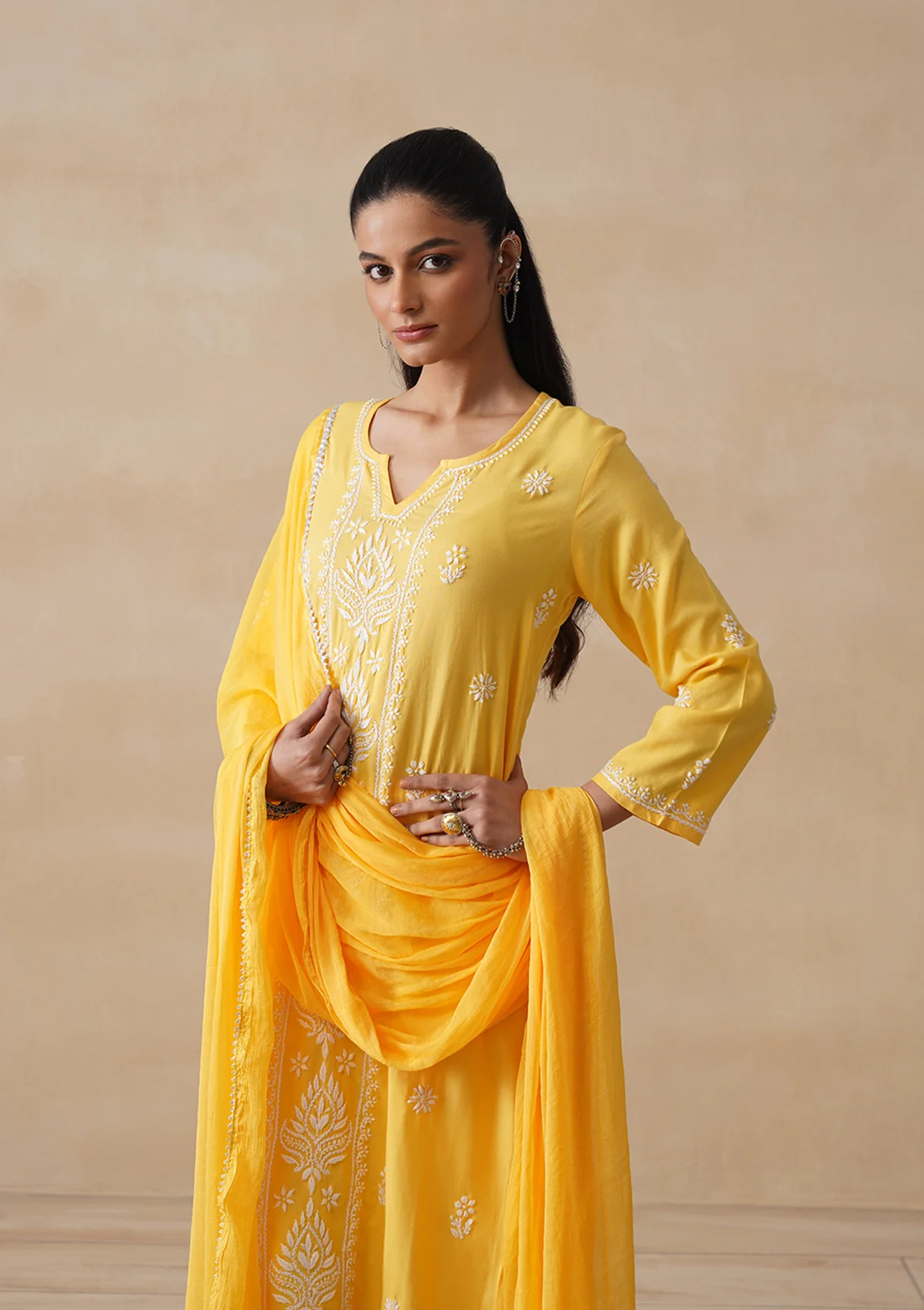 HOC Rayon Chikankari Solid Women's 3 PC Long Kurta Set - Yellow - Image 8