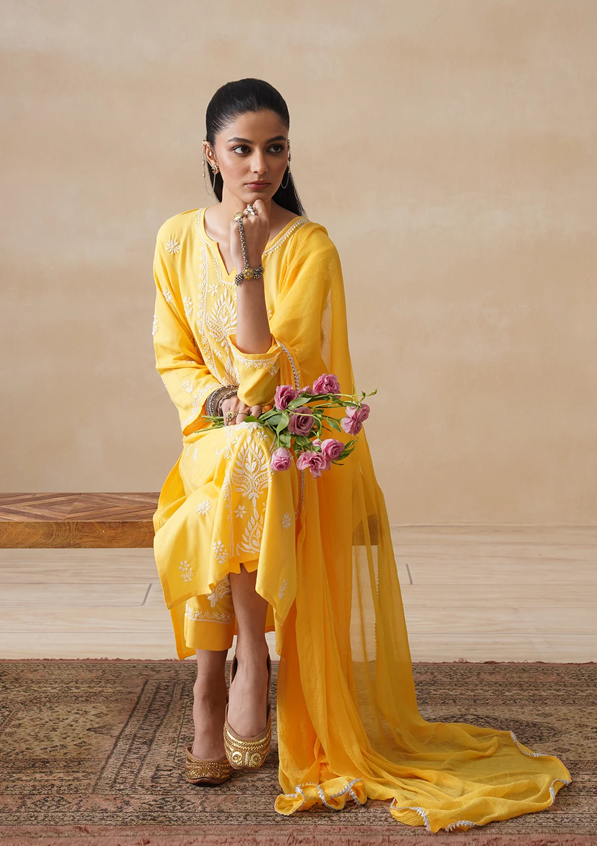 HOC Rayon Chikankari Solid Women's 3 PC Long Kurta Set - Yellow - Image 9