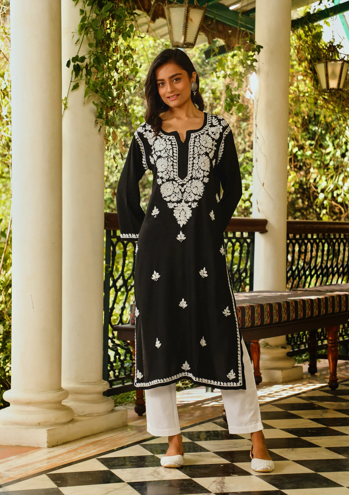 Rayon Chikankari Solid Women's Long Kurta - Black - Image 4